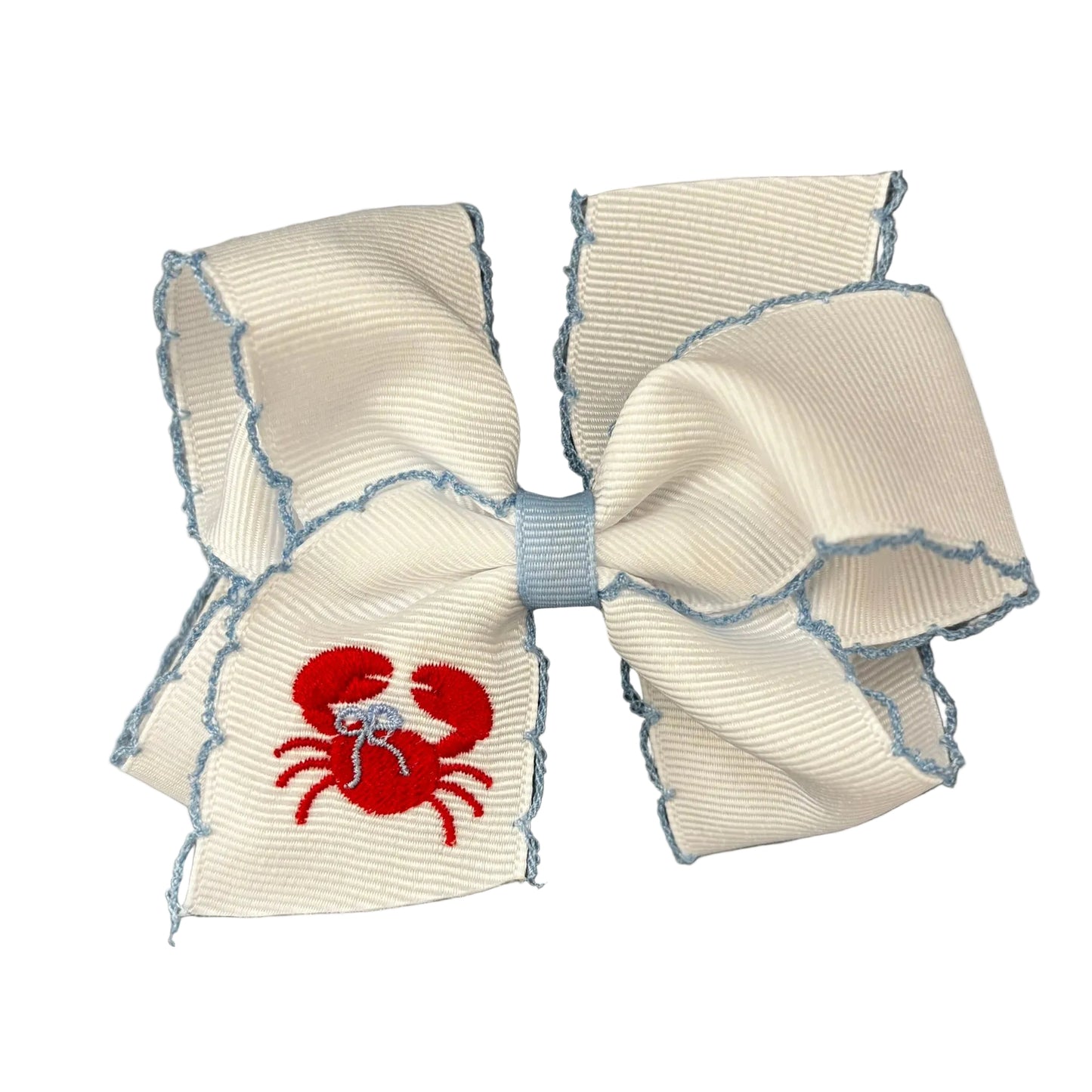 White grosgrain bow with blue moonstitch trim and a red embroidered crab.