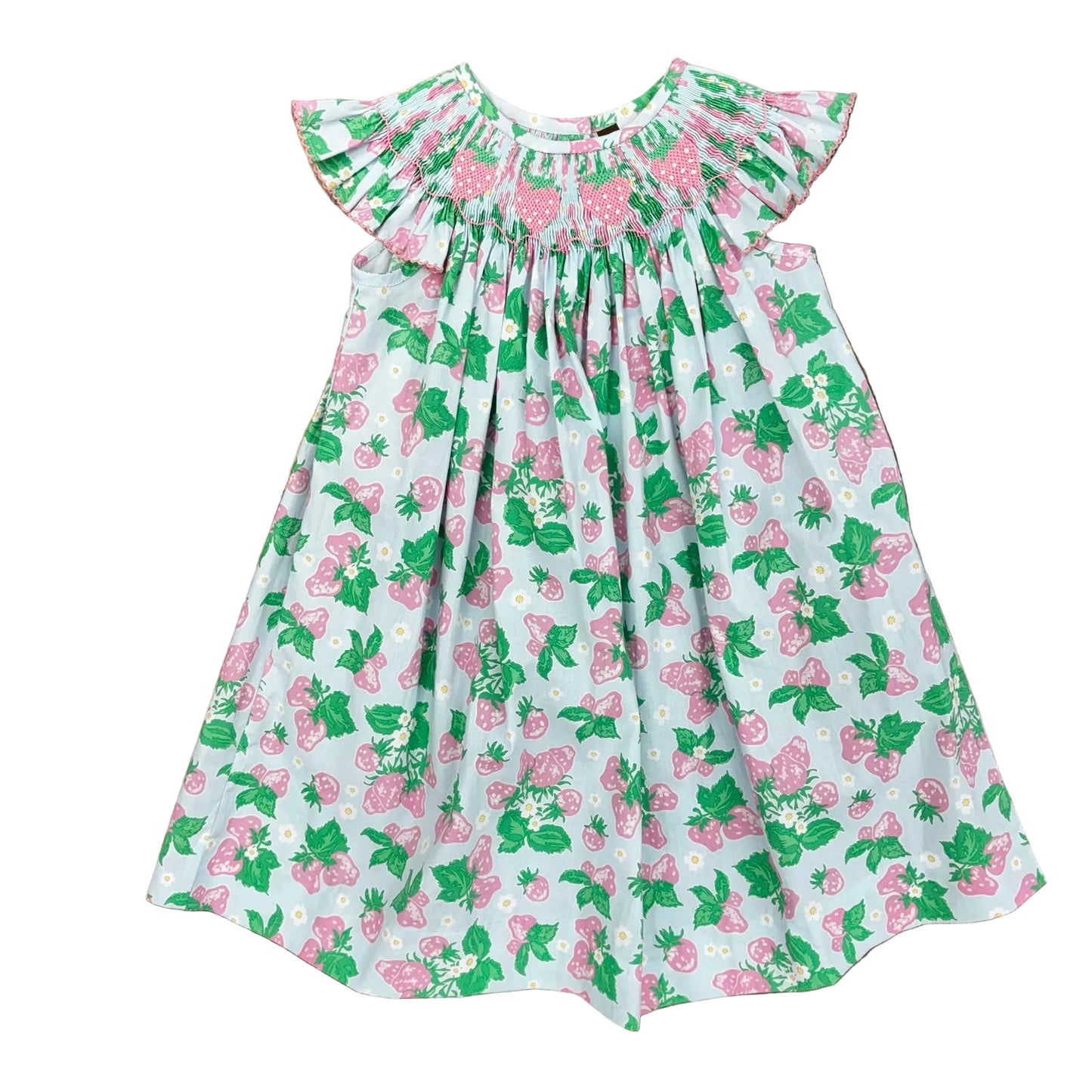 Pink and green strawberries on a pale blue smocked dress with strawberry embroidery.