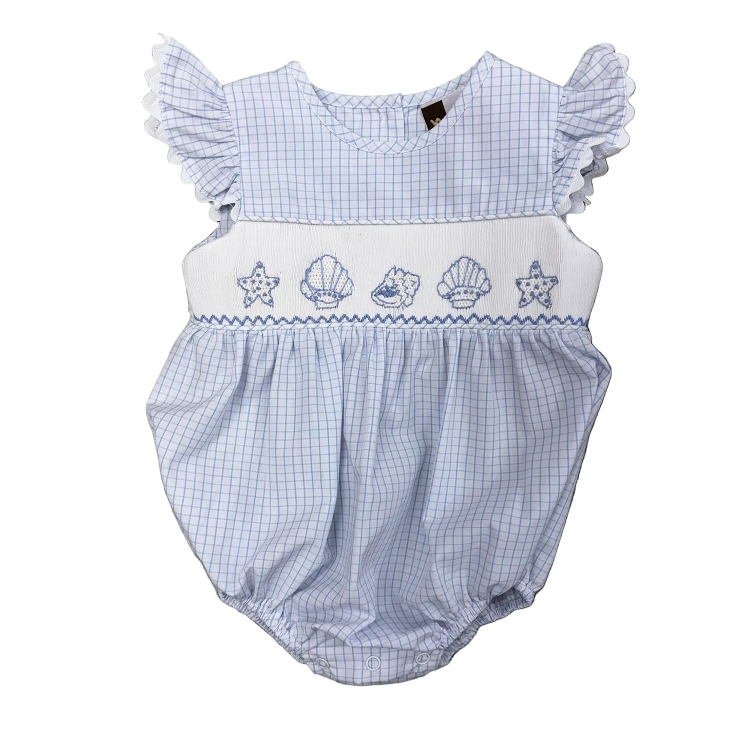 Blue and white checked bubble with a smocked shell design and ruffle sleeves.