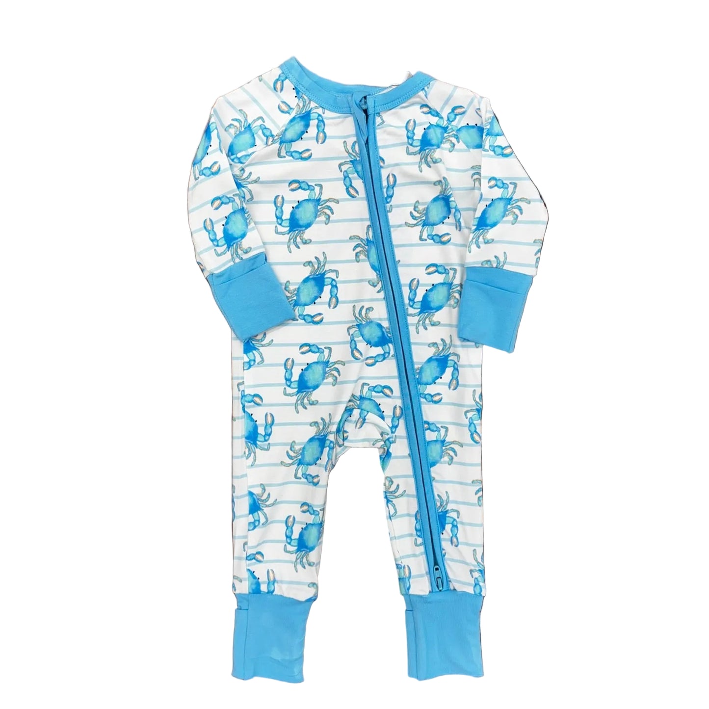 One piece zipper pajama with blue trim and a blue crab pattern.