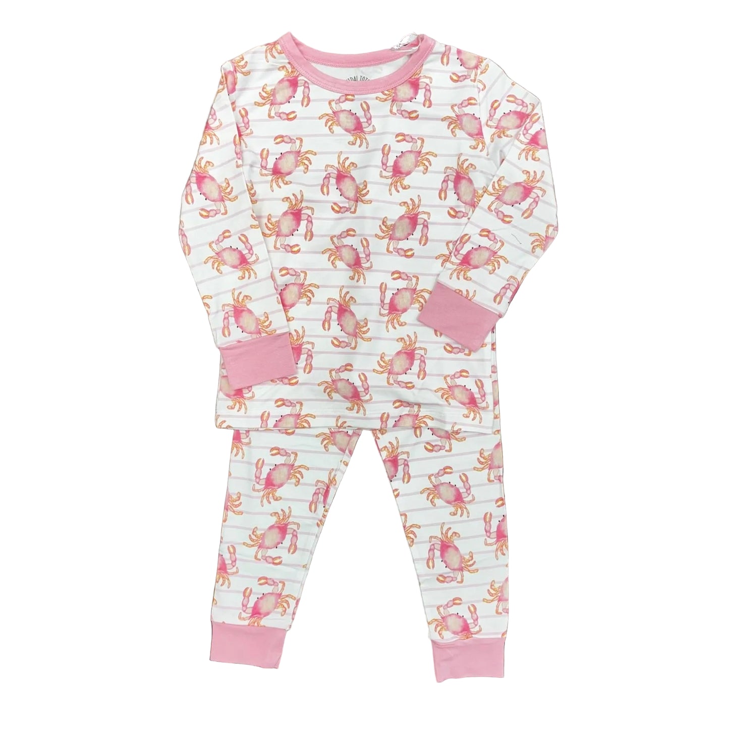 Two piece pajama set with pink trim and a pink and orange crab pattern.