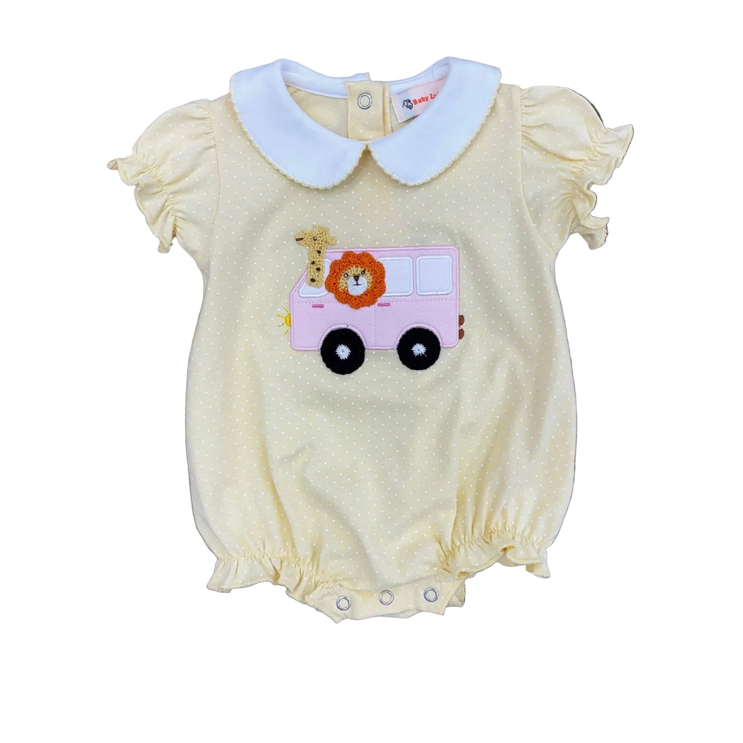Yellow bubble with tiny white polka dots, a white collar with yellow moonstitch trim and an applique of zoo animals on a pink bus.