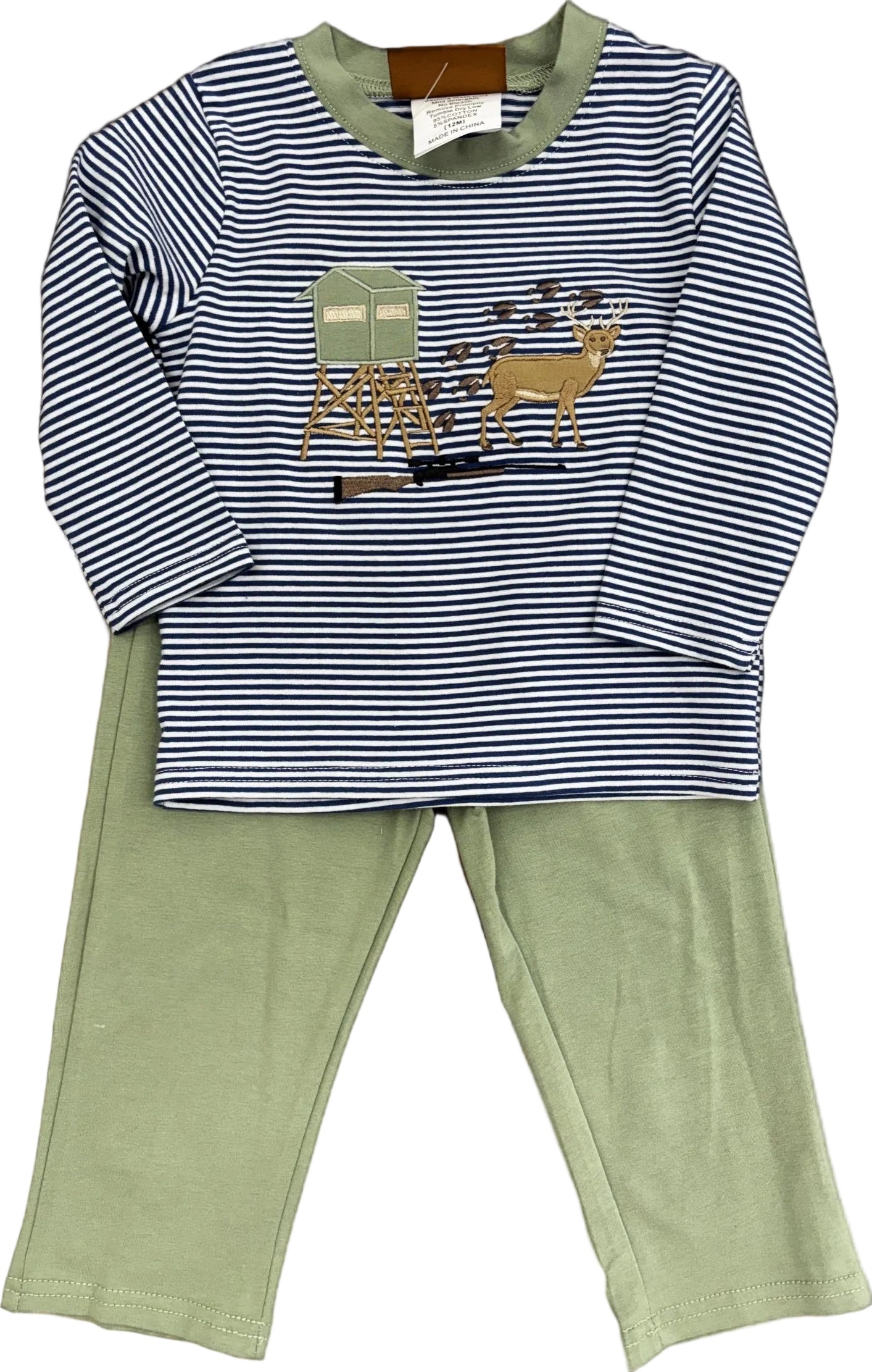 Blue striped long sleeve shirt with green trim and deer, rifle and tree stand applique, with matching green pants.
