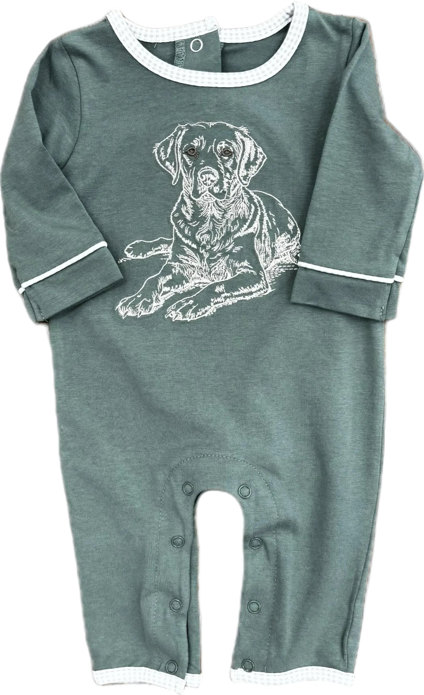 Green long sleeve romper with tan gingham trim and tan embroidered dog.