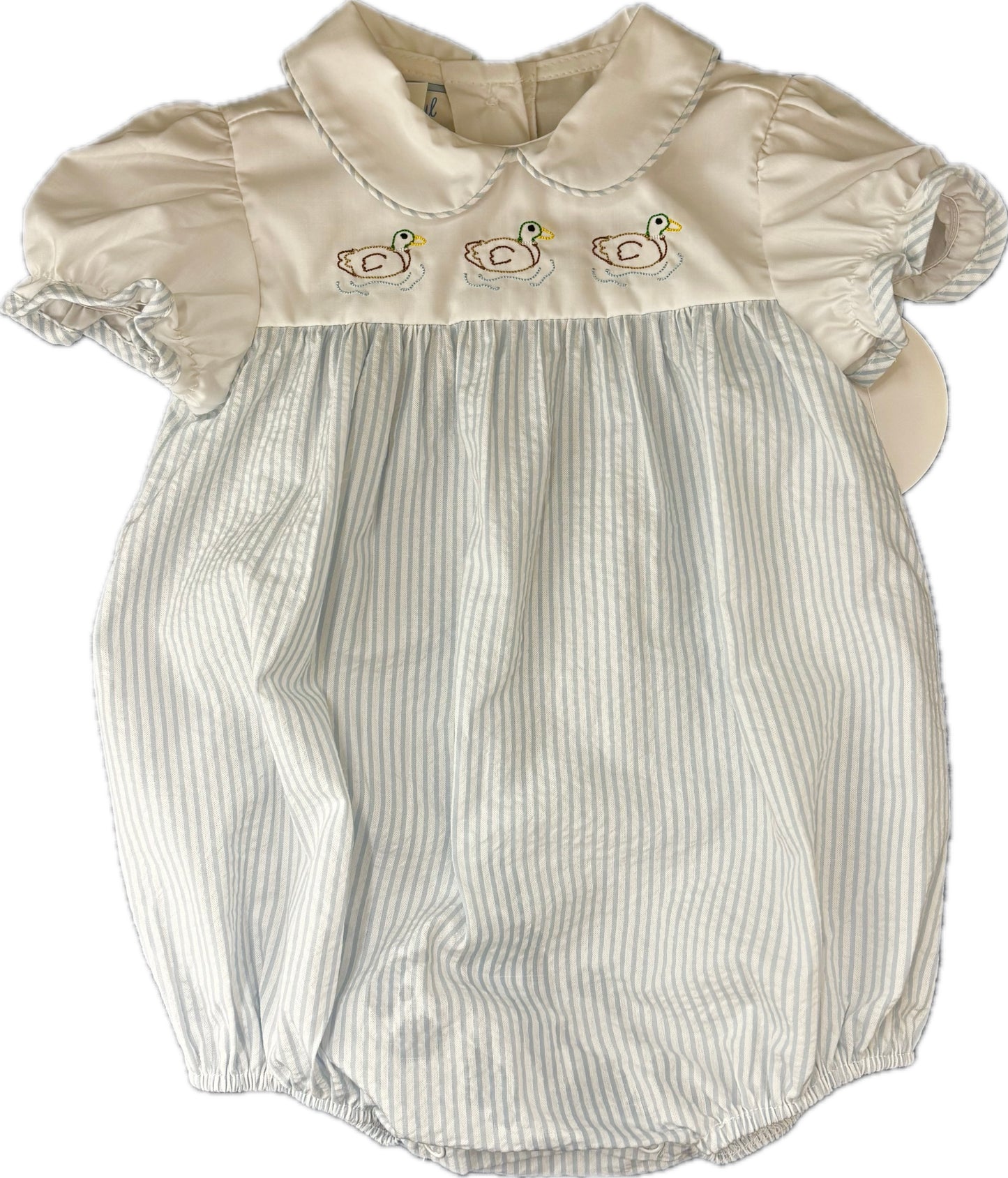 Blue seersucker bubble with white bodice, puff sleeves and embroidered duck outlines.