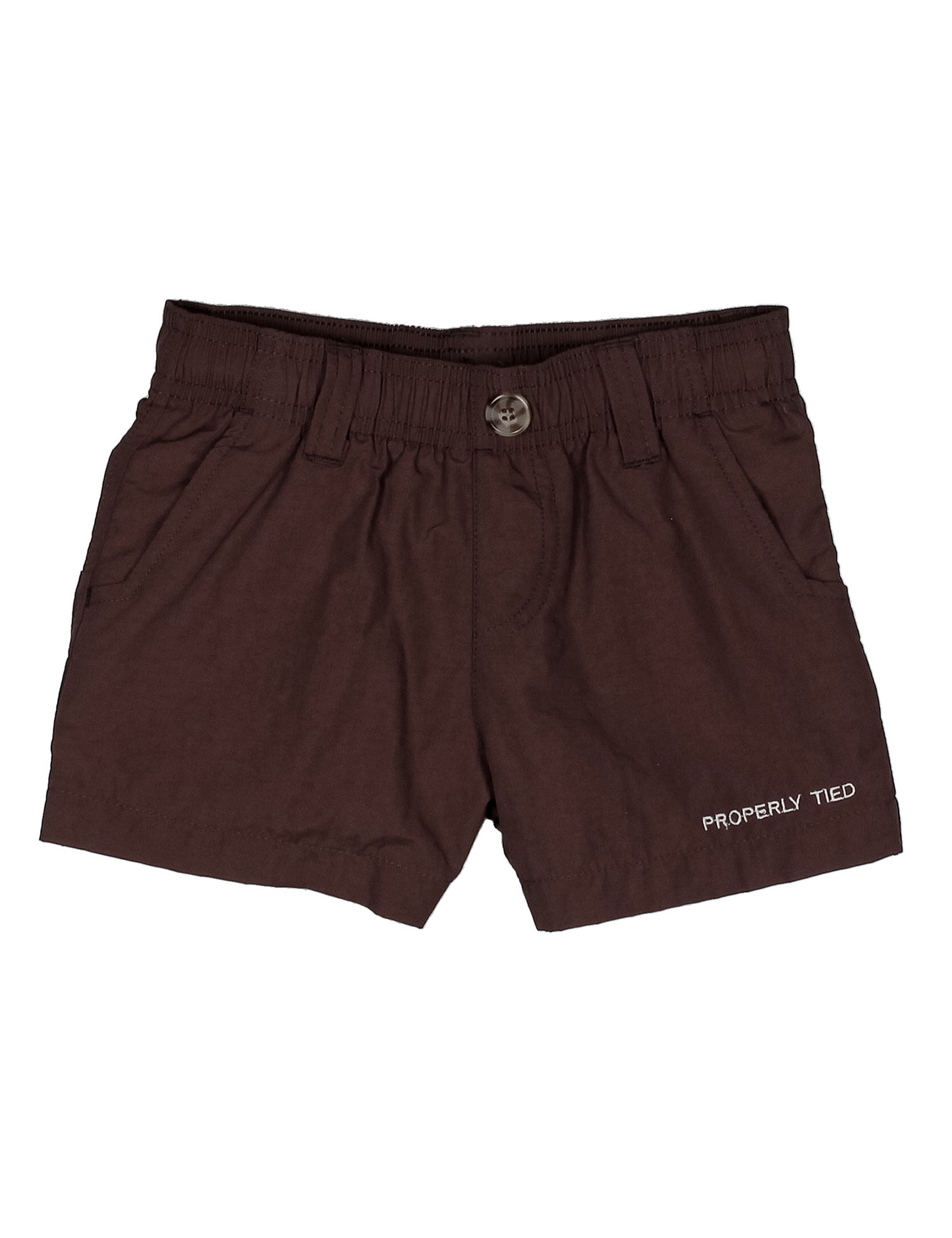 Brown shorts with 'Properly Tied' branding on a white background