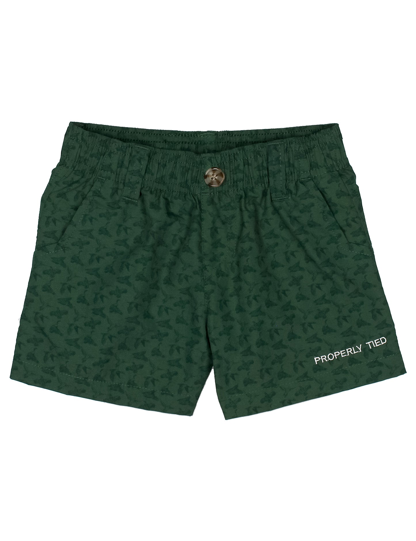 Green shorts with a flying mallard pattern and 'Properly Tied' branding on a white background