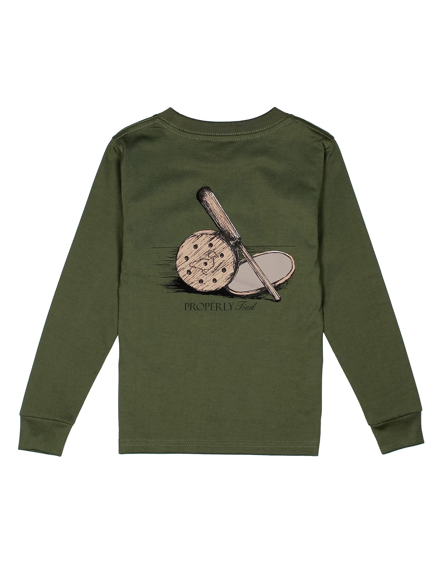 Green long-sleeve shirt with a graphic of a fishing rod on the back