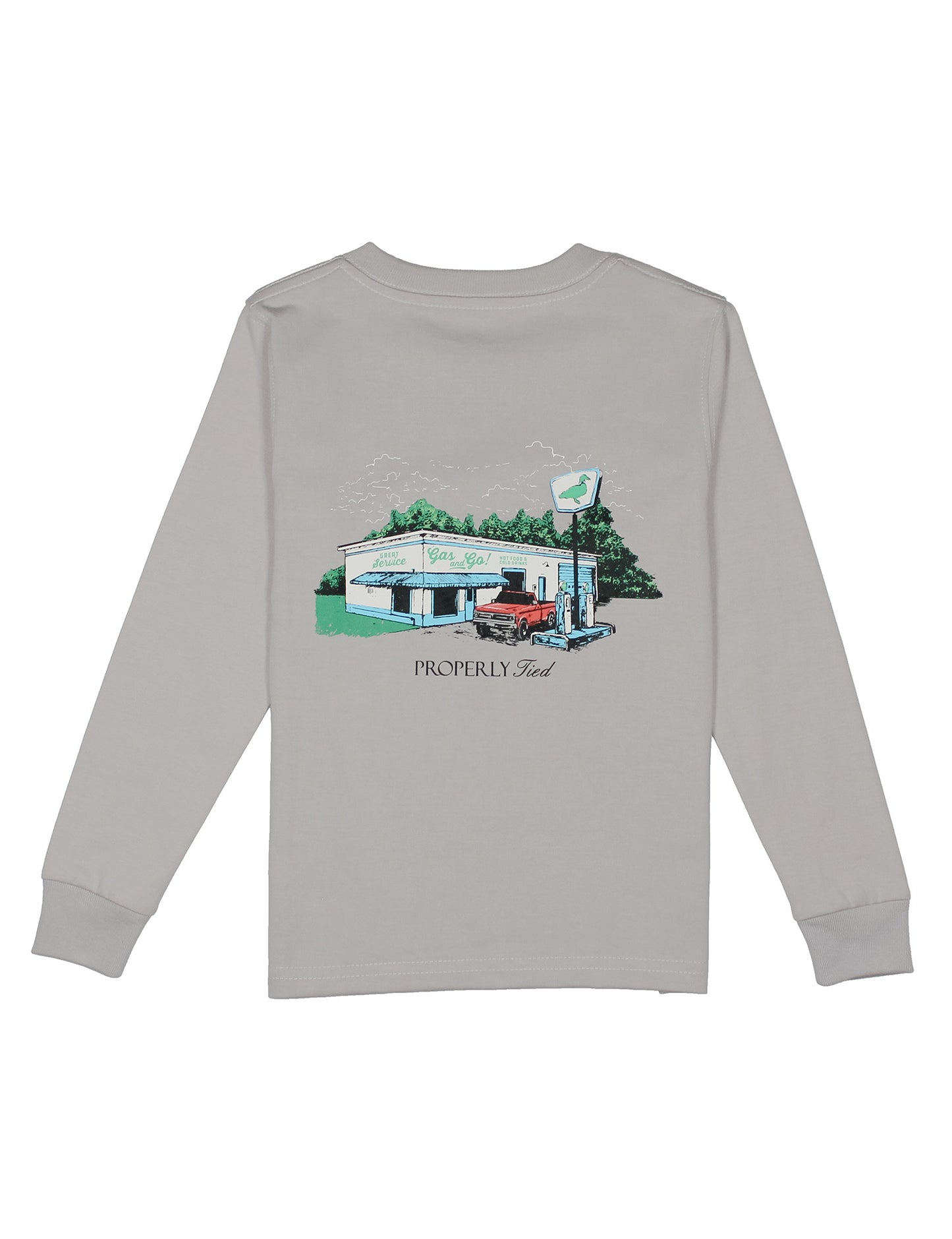 Gray long-sleeve shirt with a graphic of a building and car at a service station on back