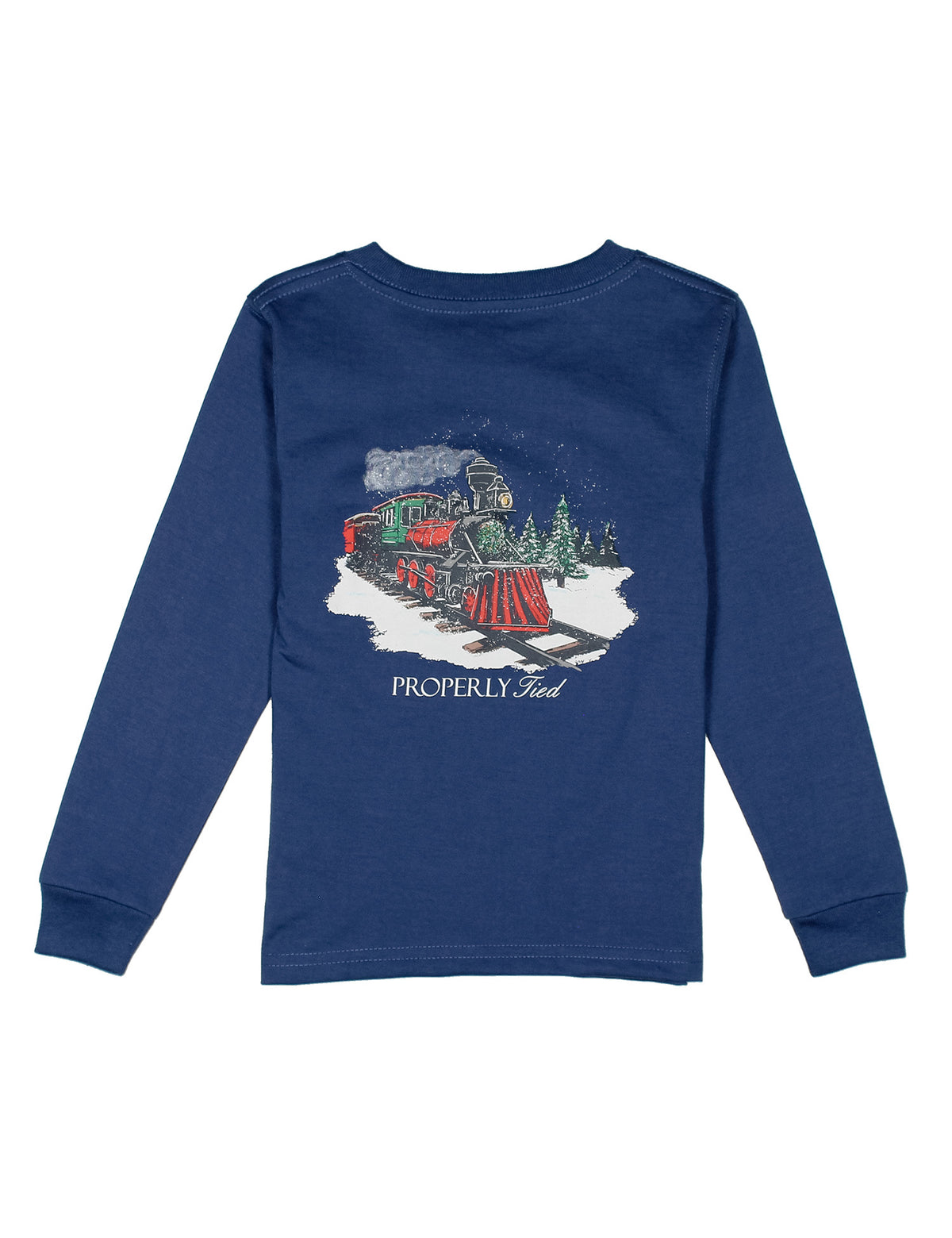 Blue long-sleeve shirt with a train graphic and 'Properly Tied' text on a white background