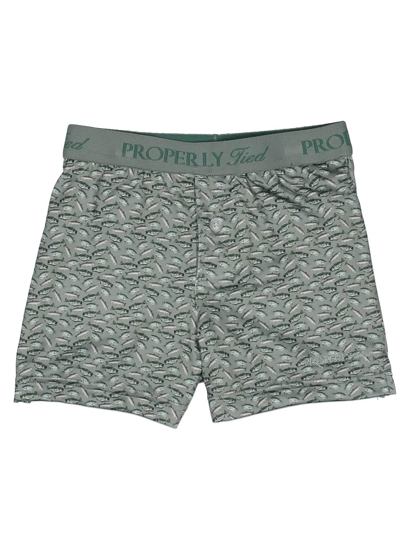 Green fish patterned boxer briefs with 'Properly Tied' waistband on a white background