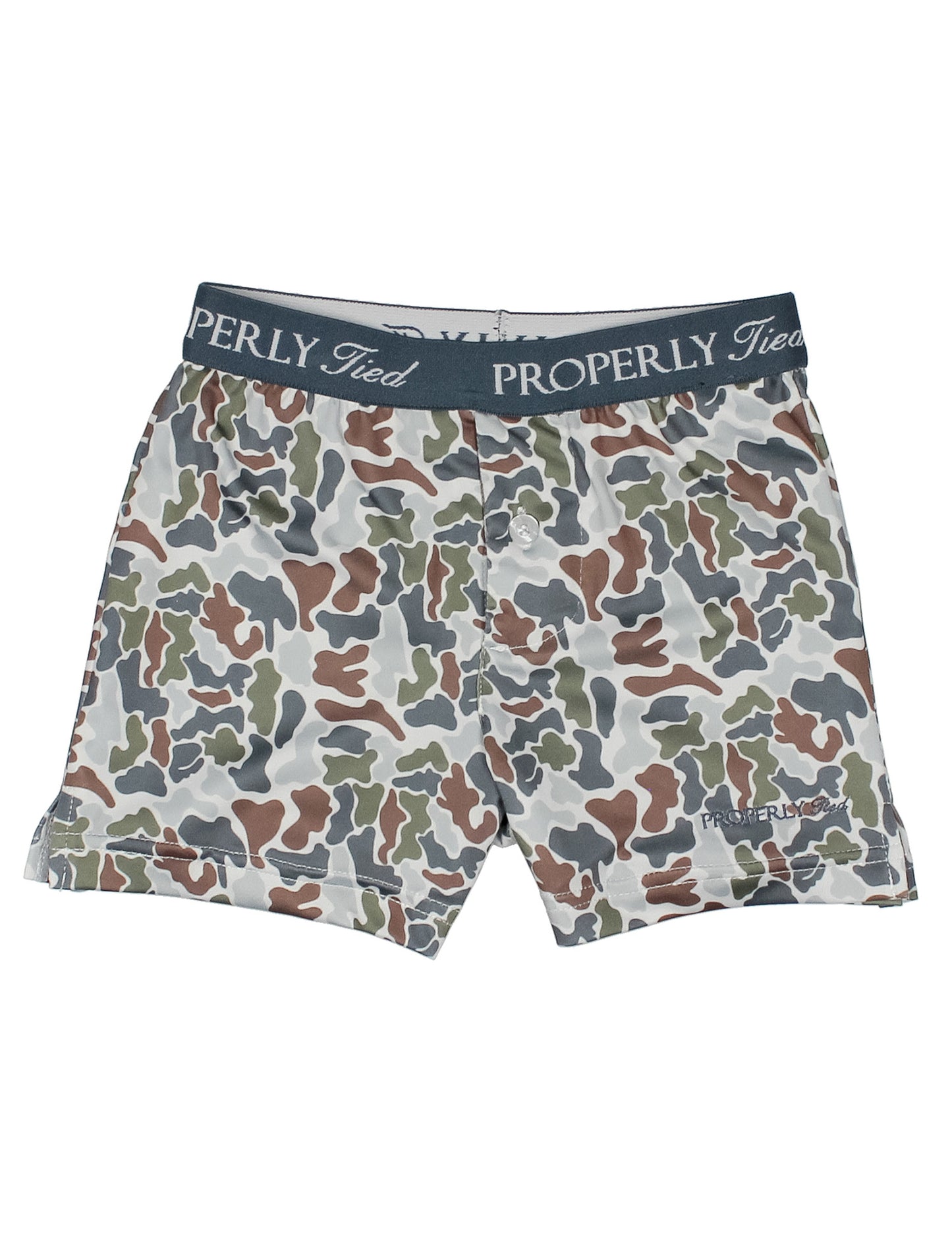 Camouflage-patterned underwear with 'Properly Tied' branding on a white background