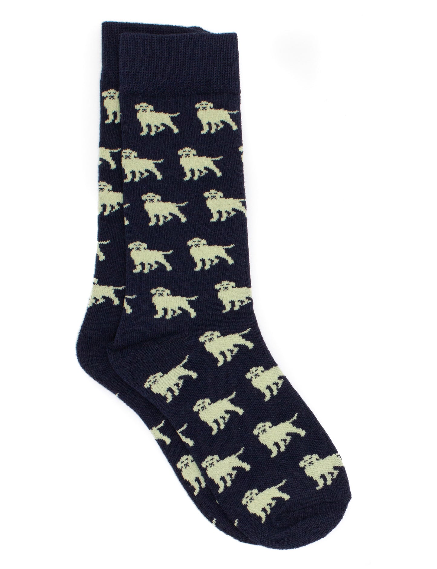 A pair of navy socks with a pattern of golden retrievers