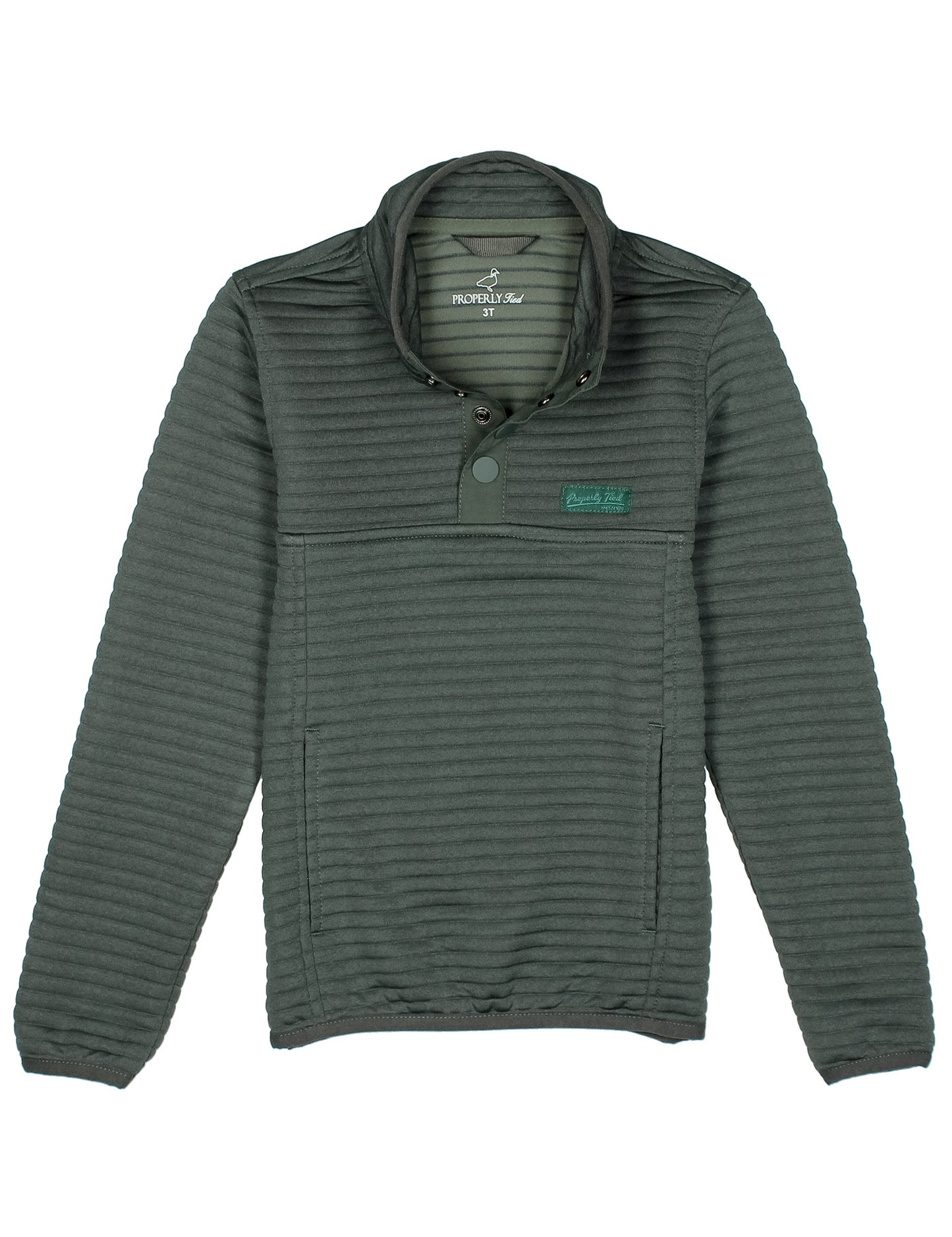 Green pullover with a brand logo on a chest