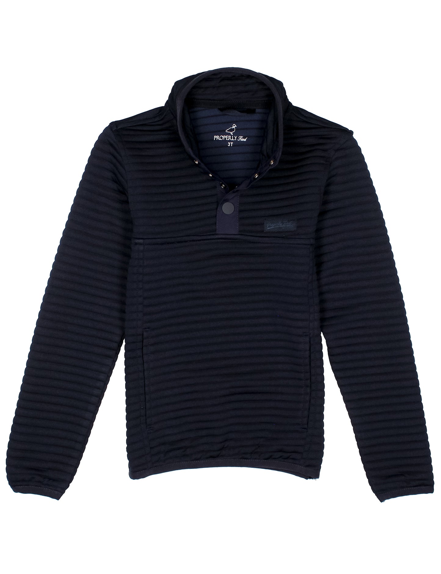 navy ribbed pullover with logo on chest