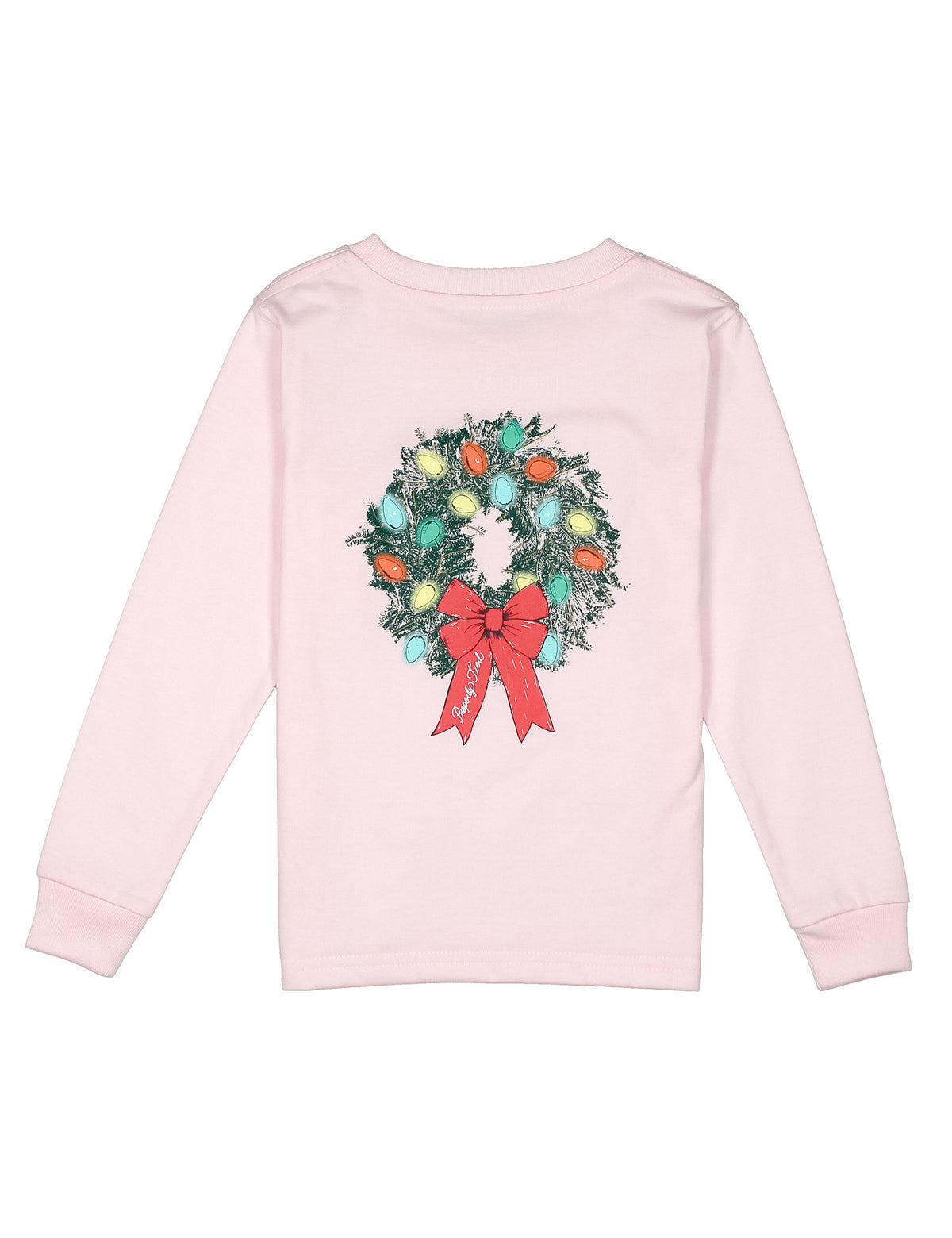 Pink long-sleeve shirt with a Christmas wreath design on a white background