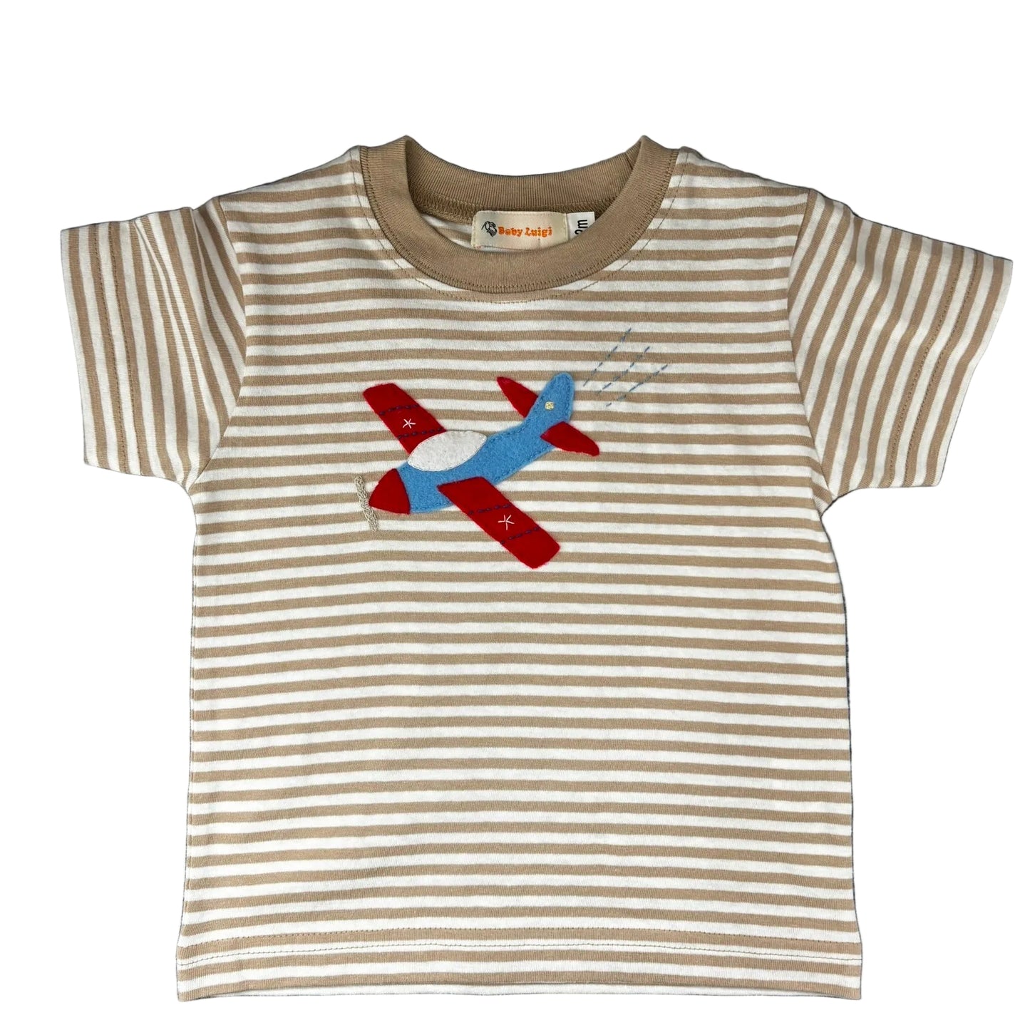 Tan striped short sleeve shirt with a red and blue airplane applique.