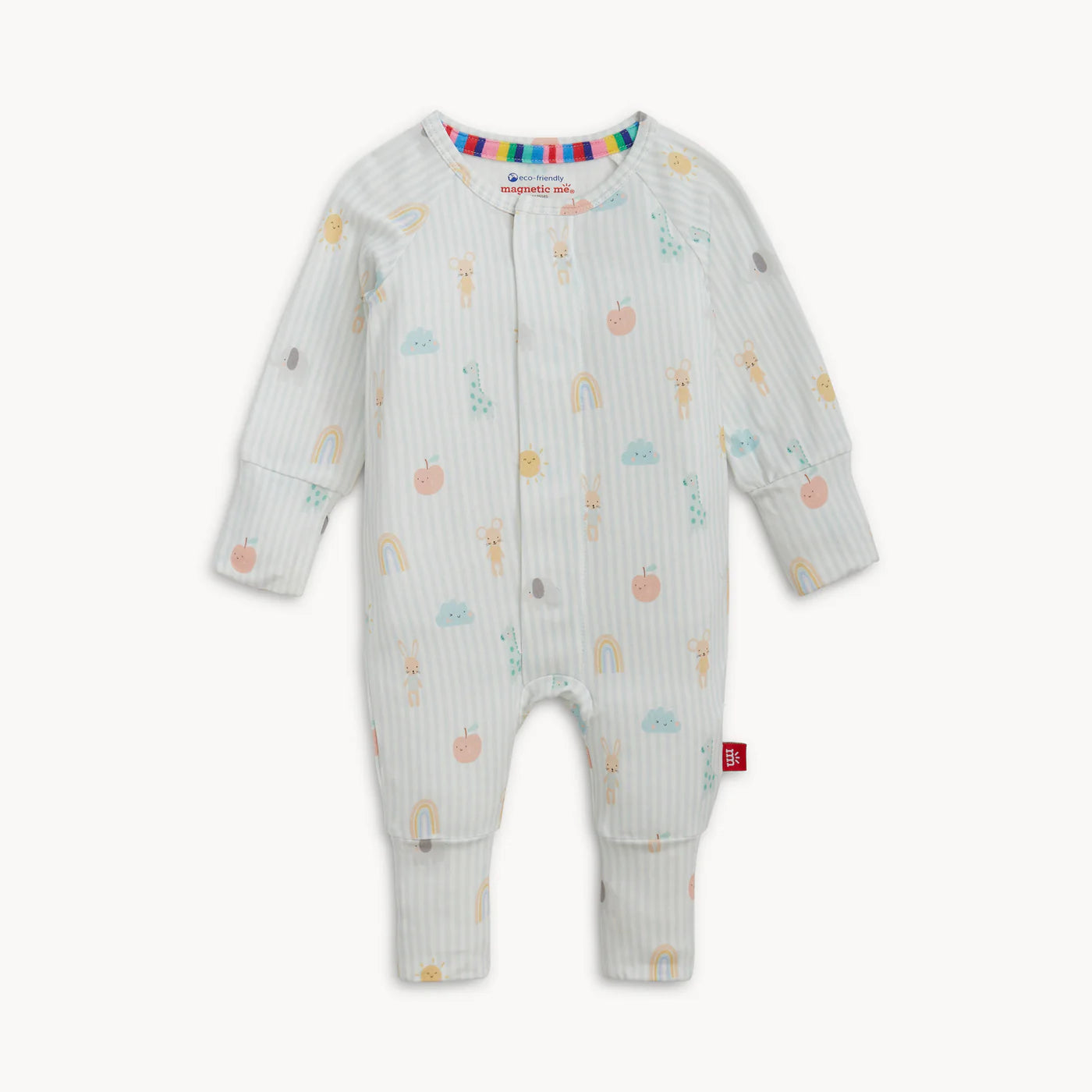Pale blue striped coverall with nursery pattern.
