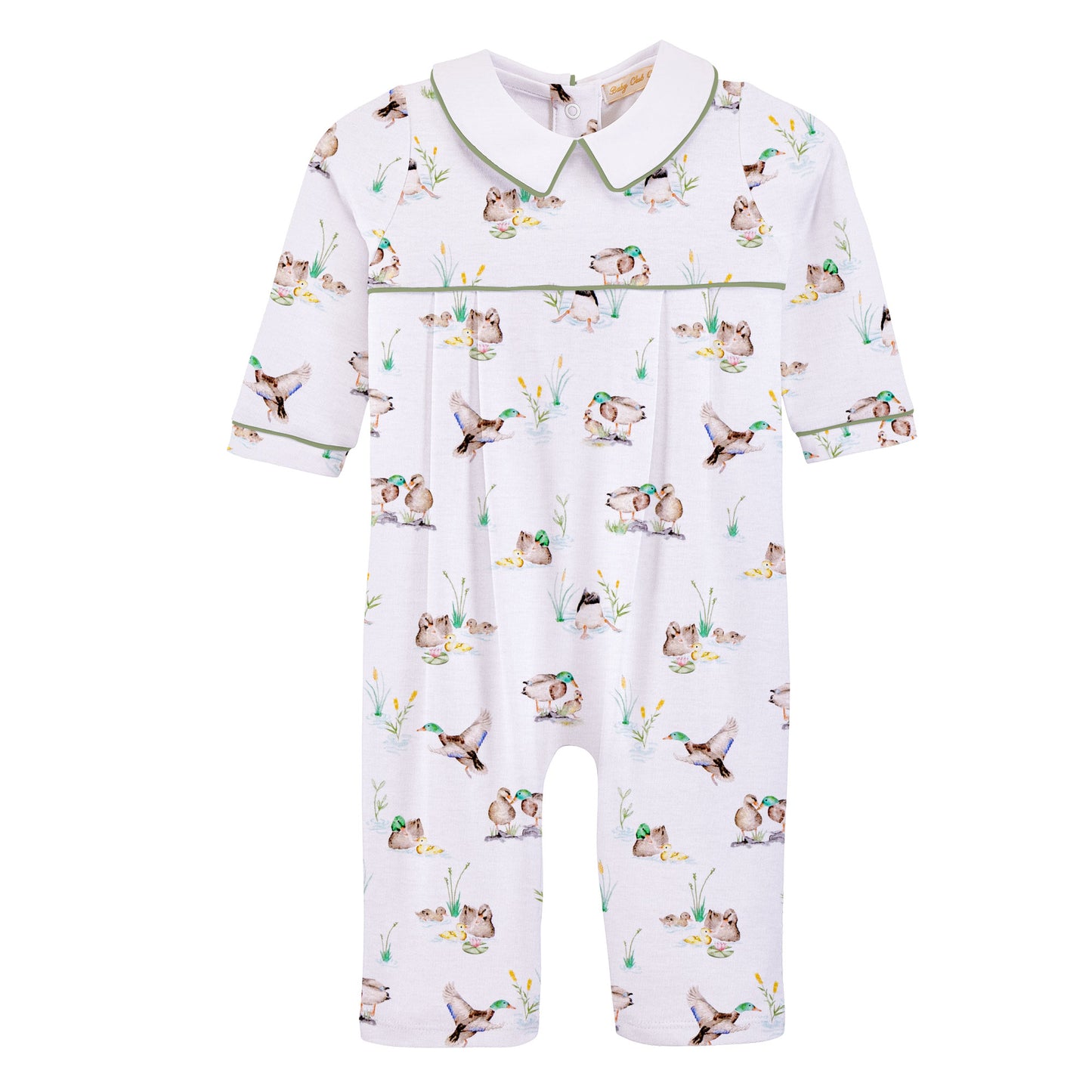 Baby romper with duck in pond print on a white background