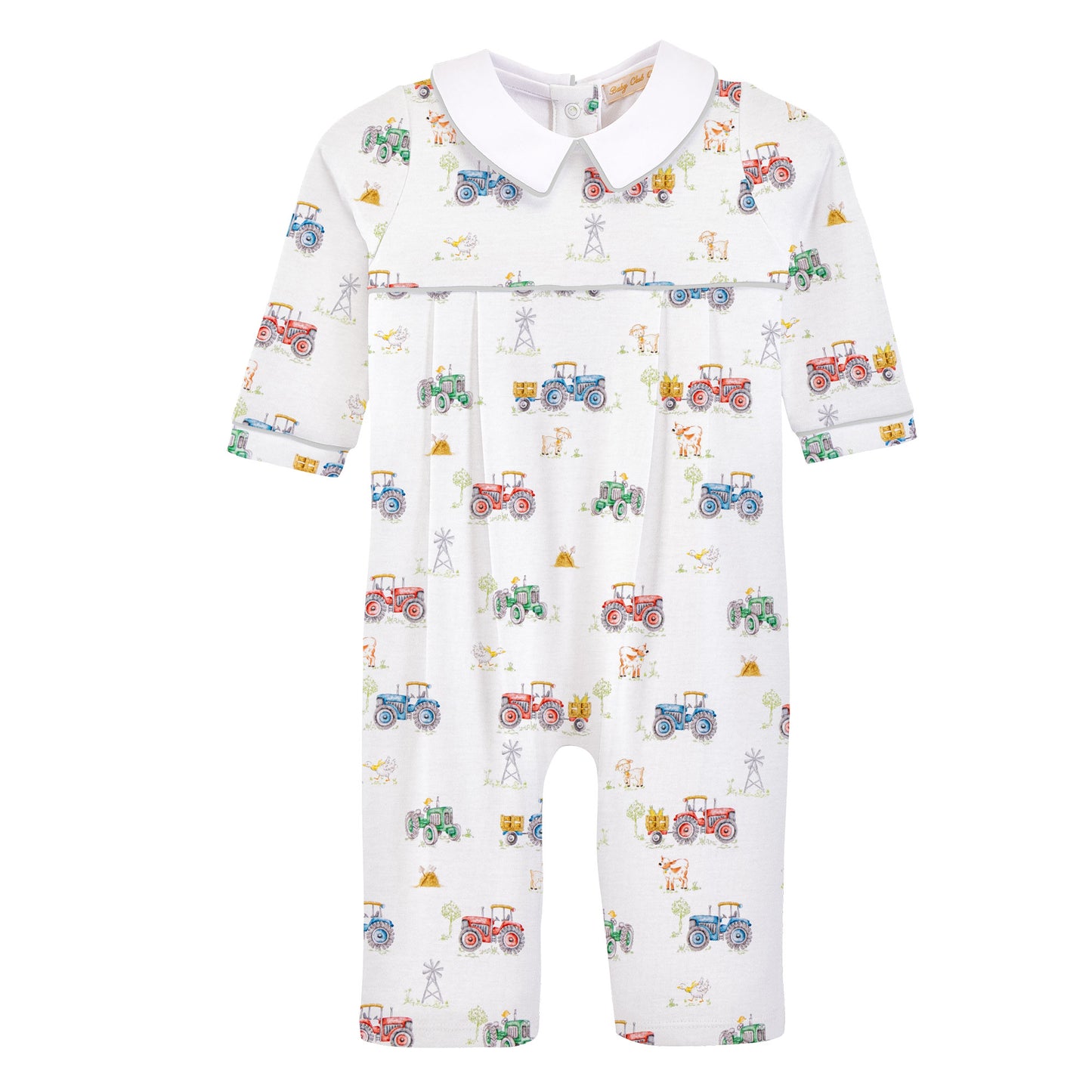 A baby long-sleeve romper in white with a colorful tractor and animal print, featuring a white collar and a decorative chest band.