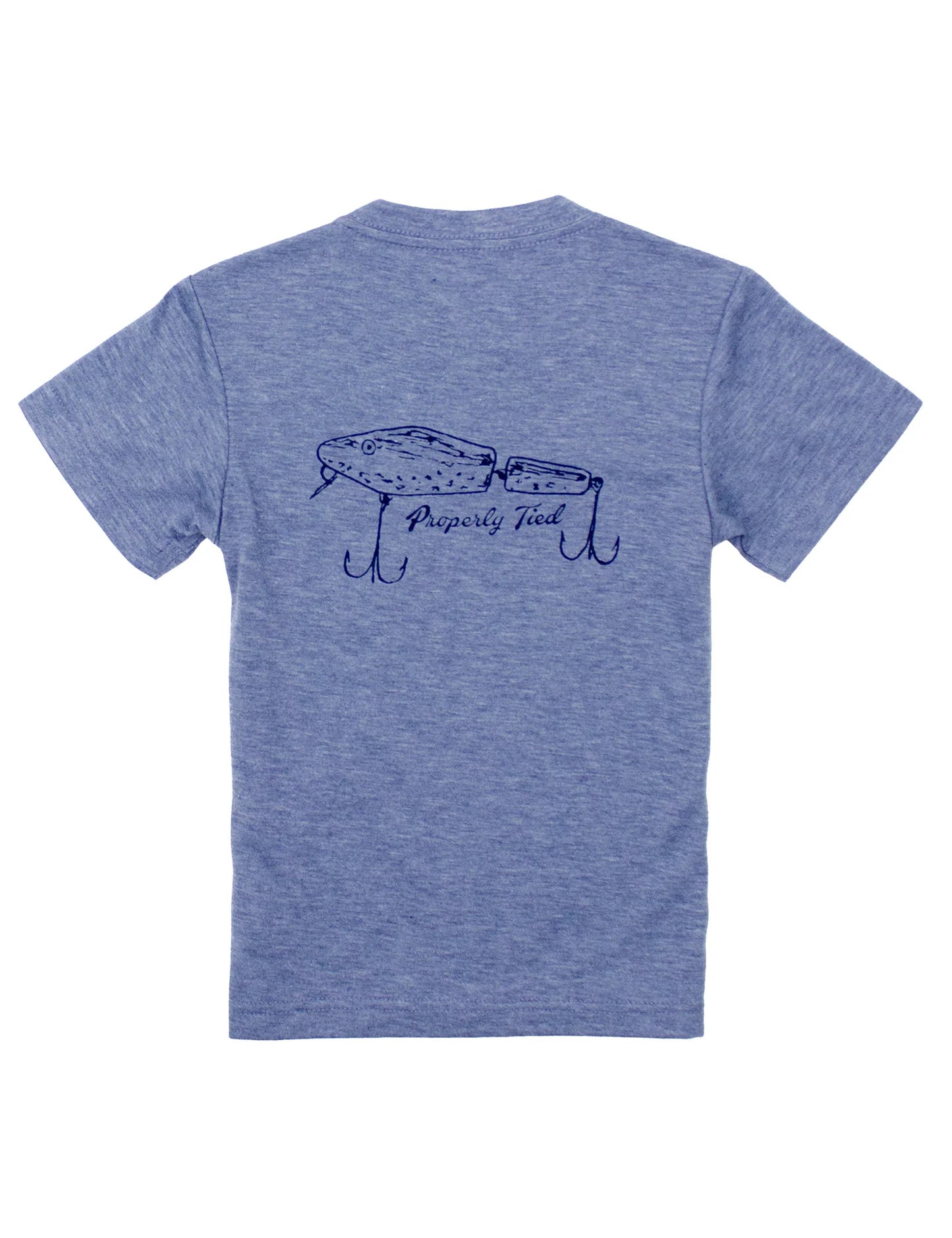 Blue denim tshirt with fishing lure design on back.