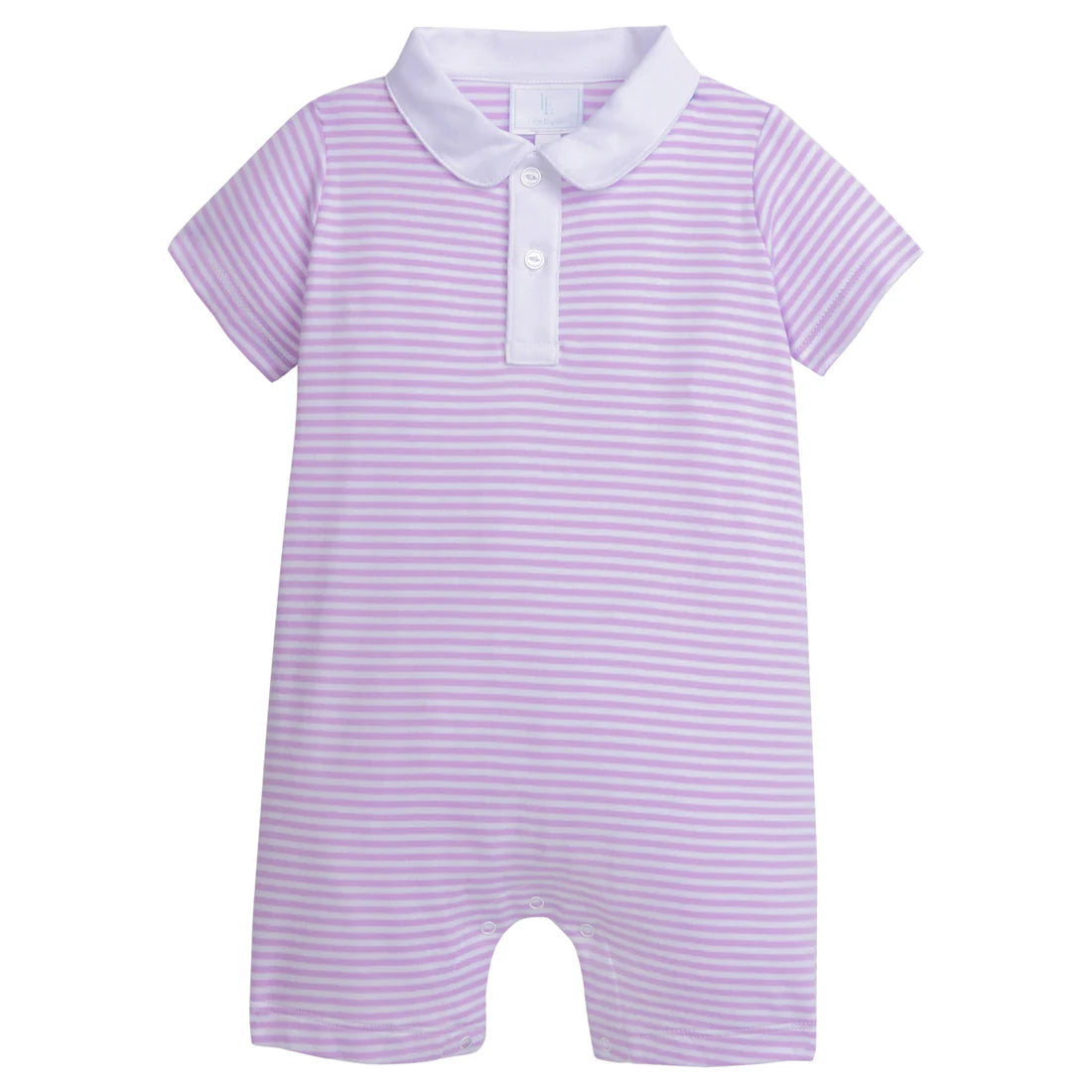 Lavender striped short sleeve polo romper with white collar and trim.