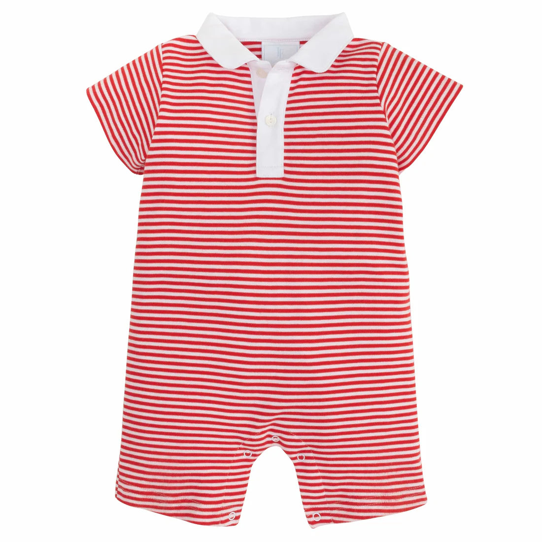 Red and white striped peter pan collar polo romper.