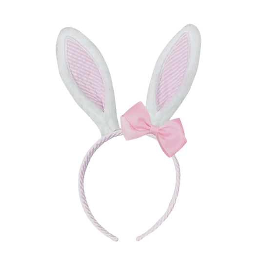 Seersucker Bunny Ears with Bow Headband, Pink