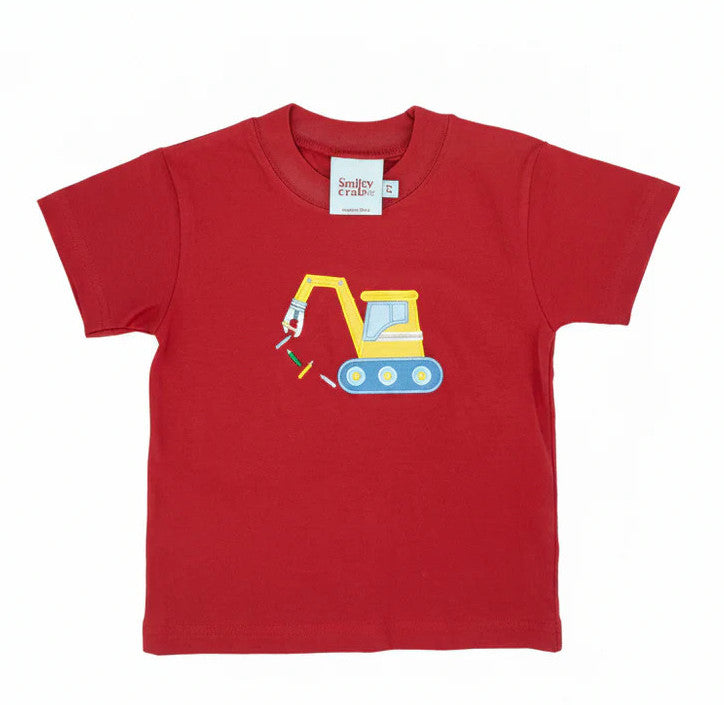 Red short sleeve tshirt with an applique of an excavator loading crayons.