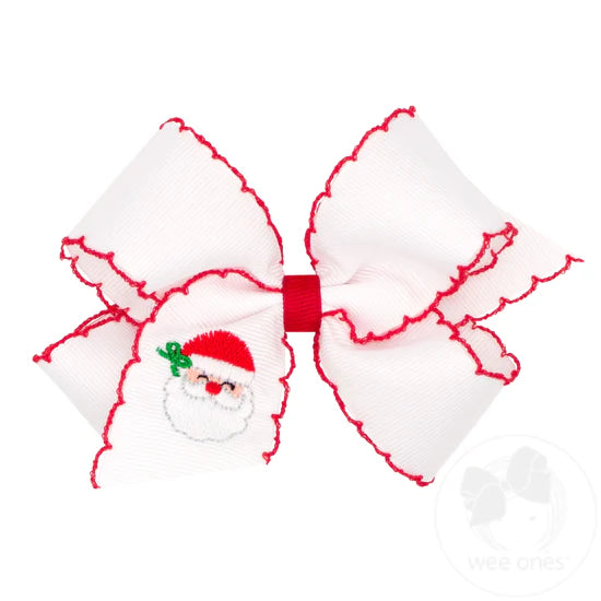 Grosgrain Hair Bow with Santa Embroidery and Red Moonstitch Edge