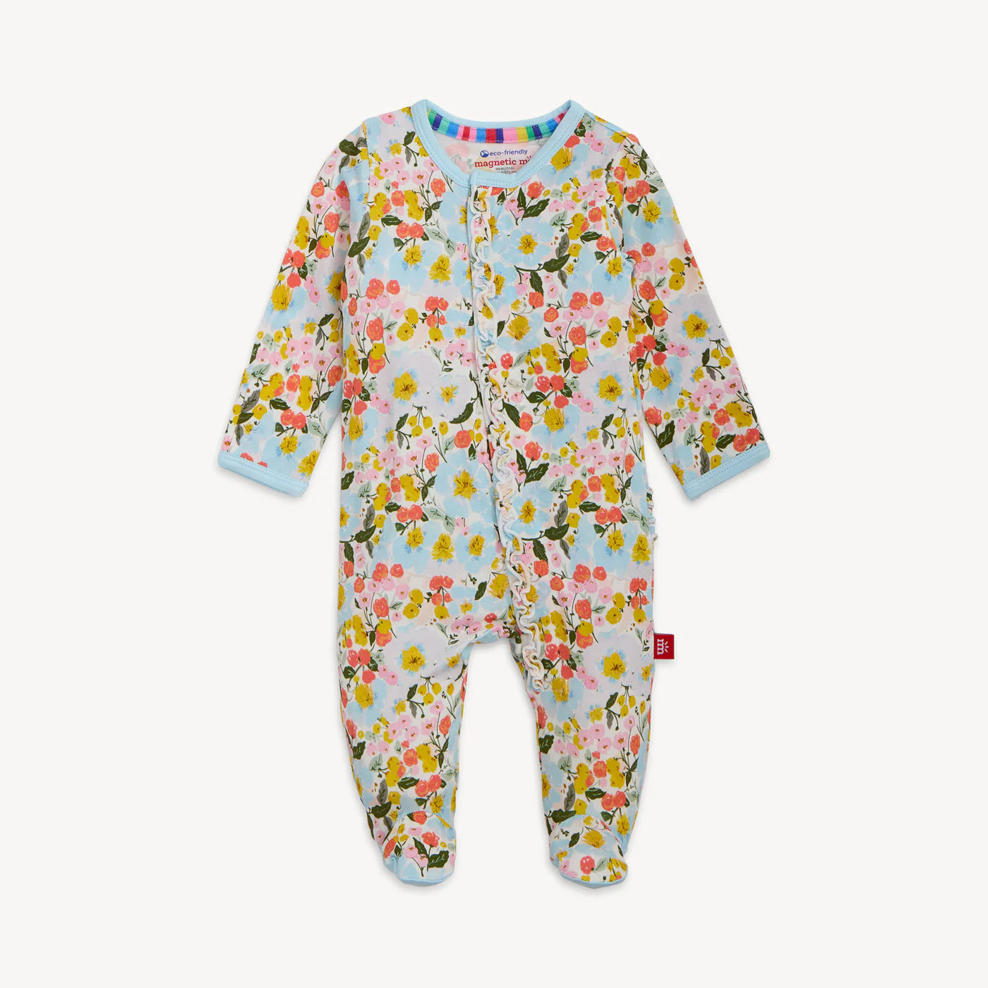 Pink and yellow flower pattern on a light teal baby one piece footie.