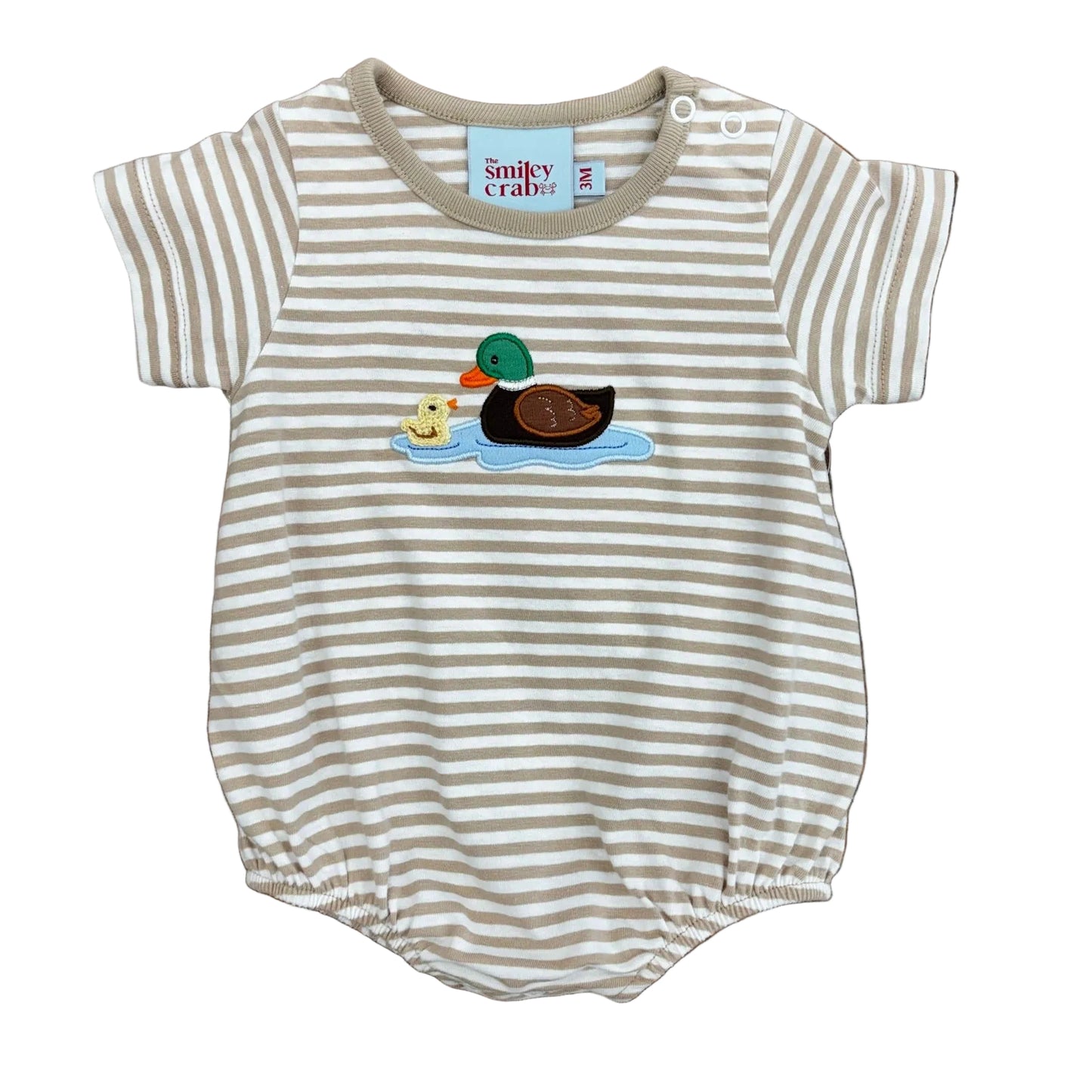 Tan striped bubble with a duck and mallard in a pool of water applique.