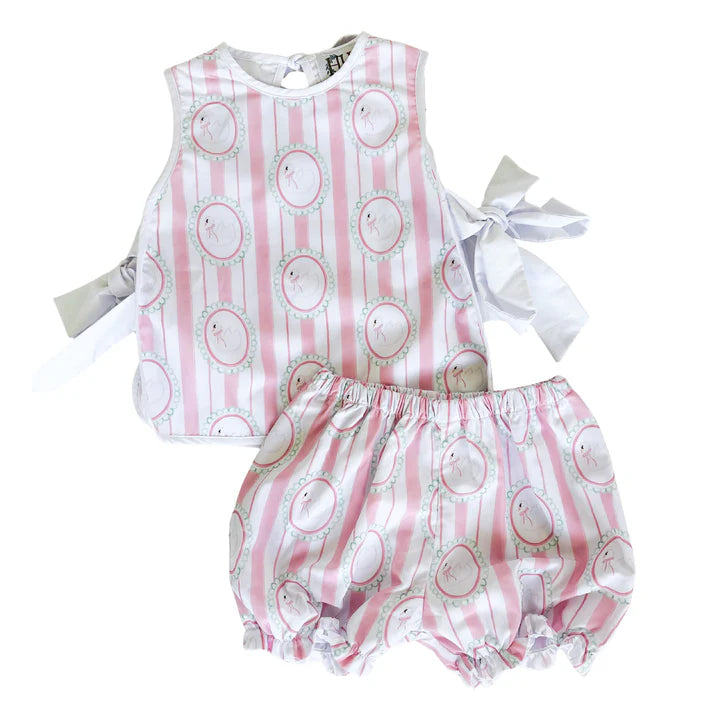 Bloomer set with pink stripes and swans, side bows on the top.