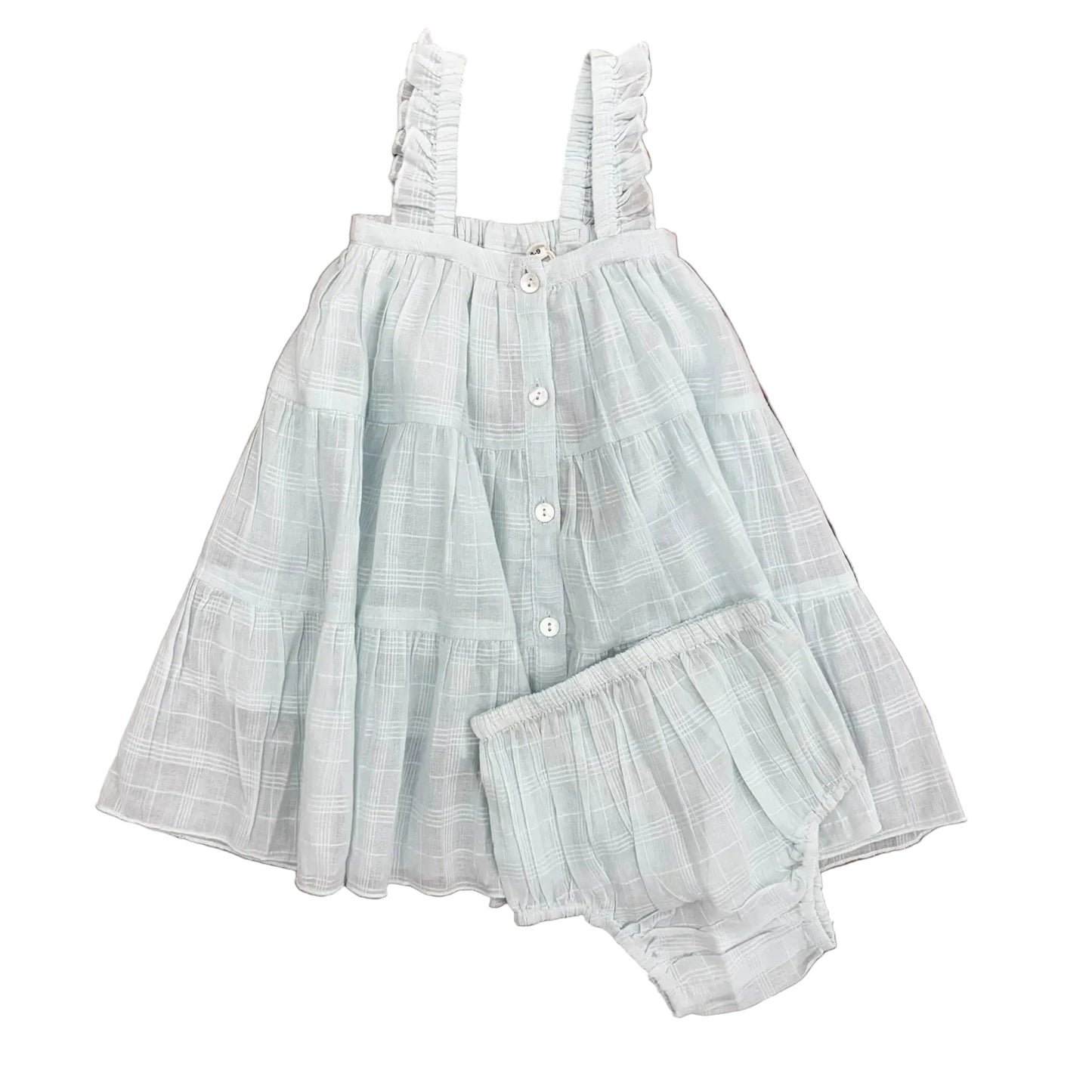 Pale teal plaid bloomer set with a tiered top with ruffle straps and a button front.