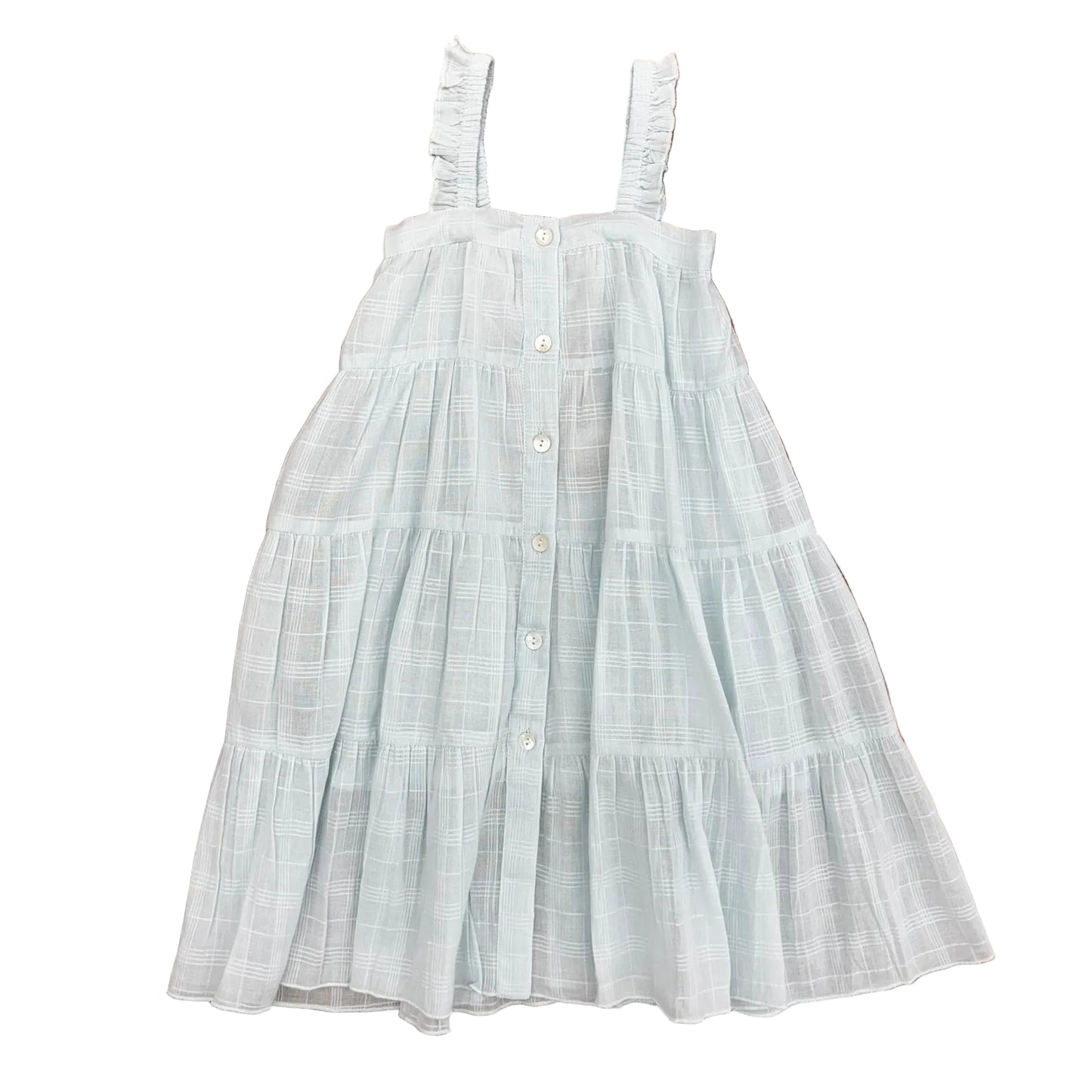 Pale teal plaid tiered dress with ruffle straps and a button front.