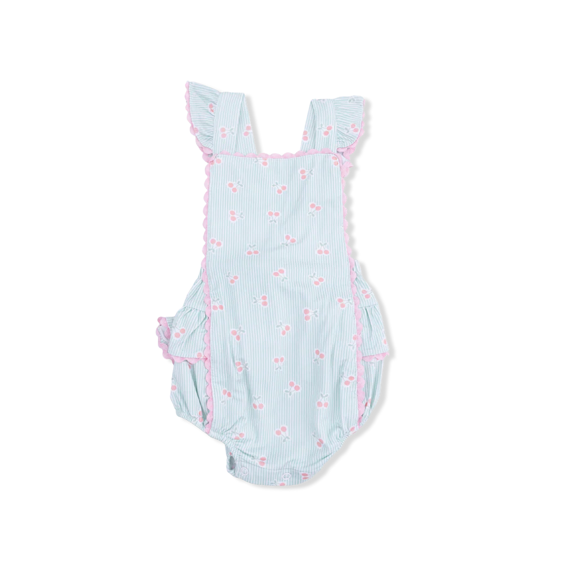 Tinny cherries on a green striped sunsuit with ric rac trim.