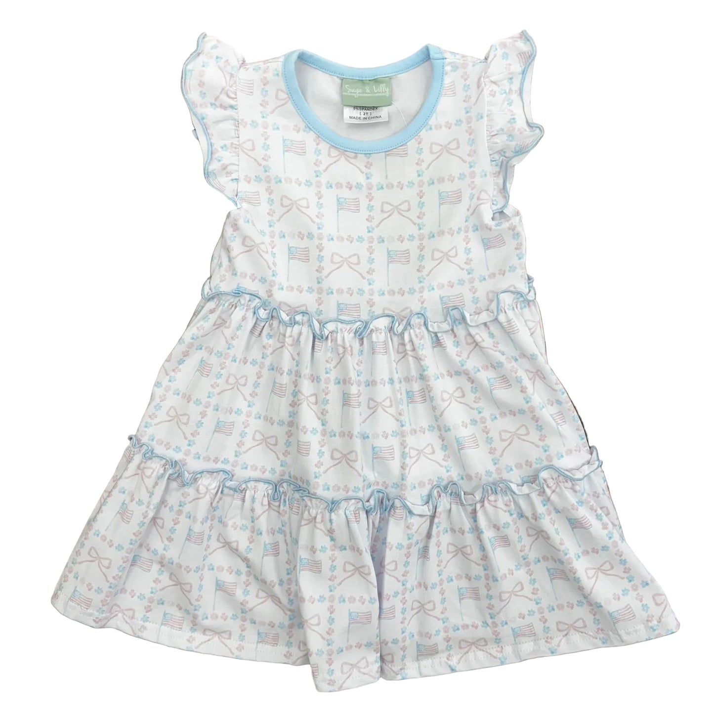 Pink and blue flags and bows on a ruffled blue trimmed dress.