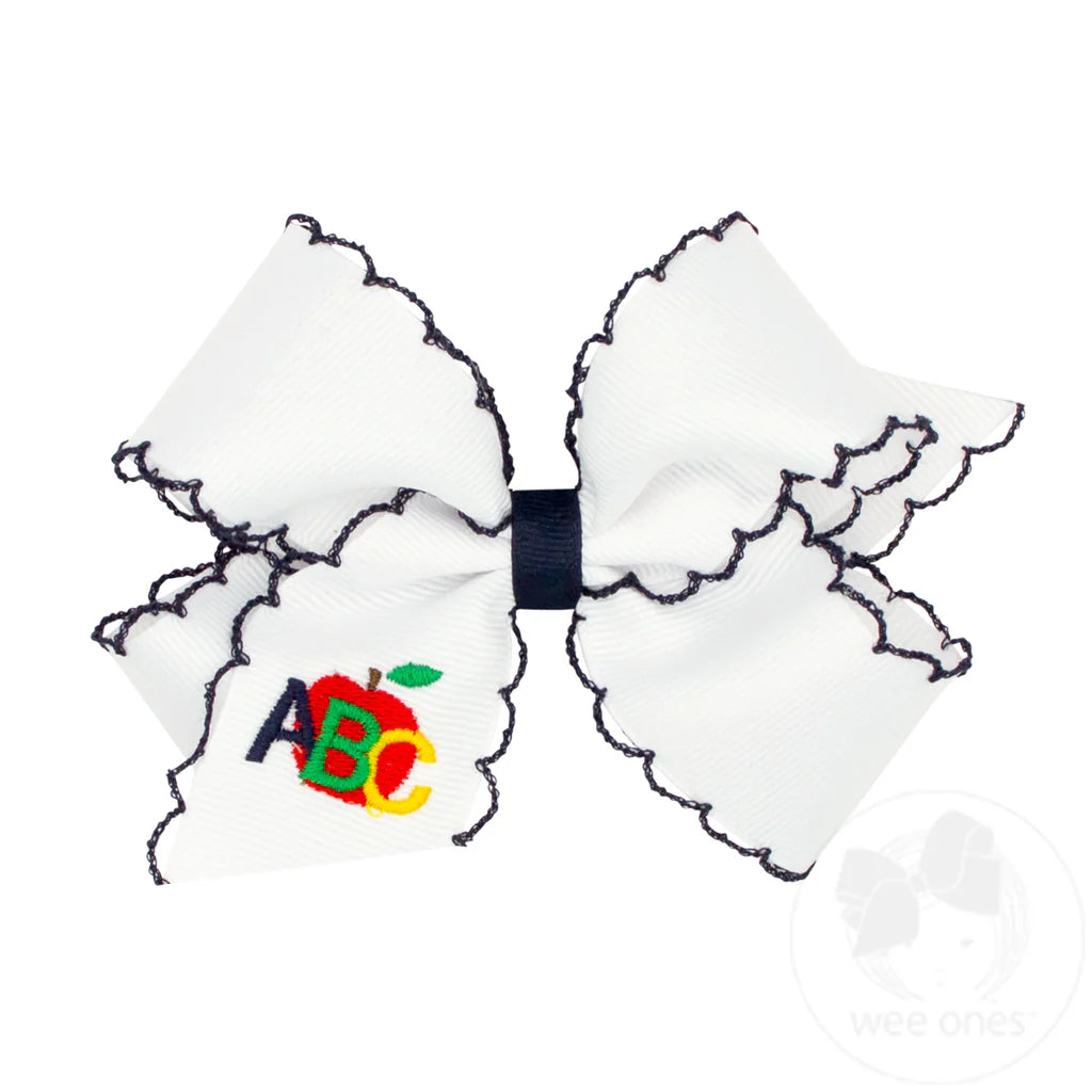 Back to School Moonstitch Edge Grosgrain Hair Bow with Apple and Pencil Embroidery