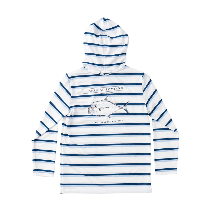 Blue striped hoodie with african pompano design on back.