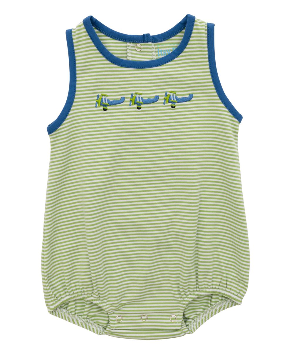 Green and white striped baby romper with blue trim with airplane embroidery