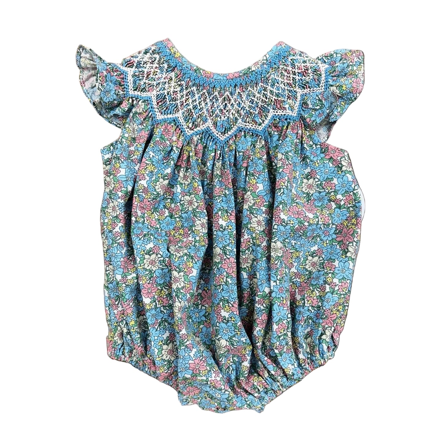 Teal bubble with floral print, ruffle sleeves and a smocked bodice.