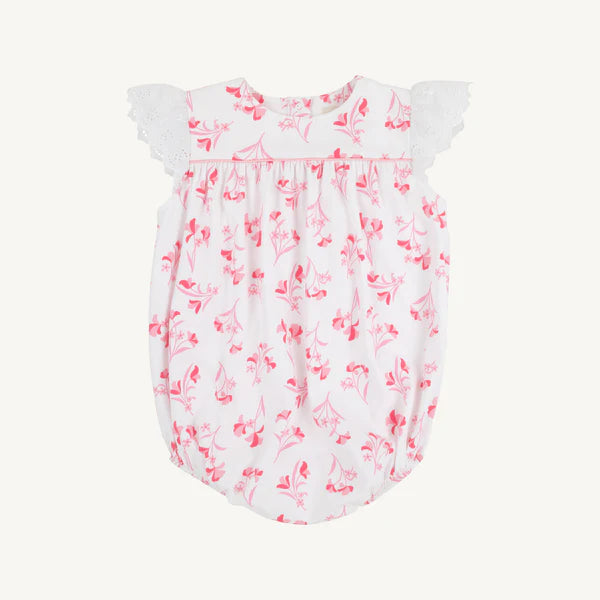 White bubble with pink floral design with eyelet trim