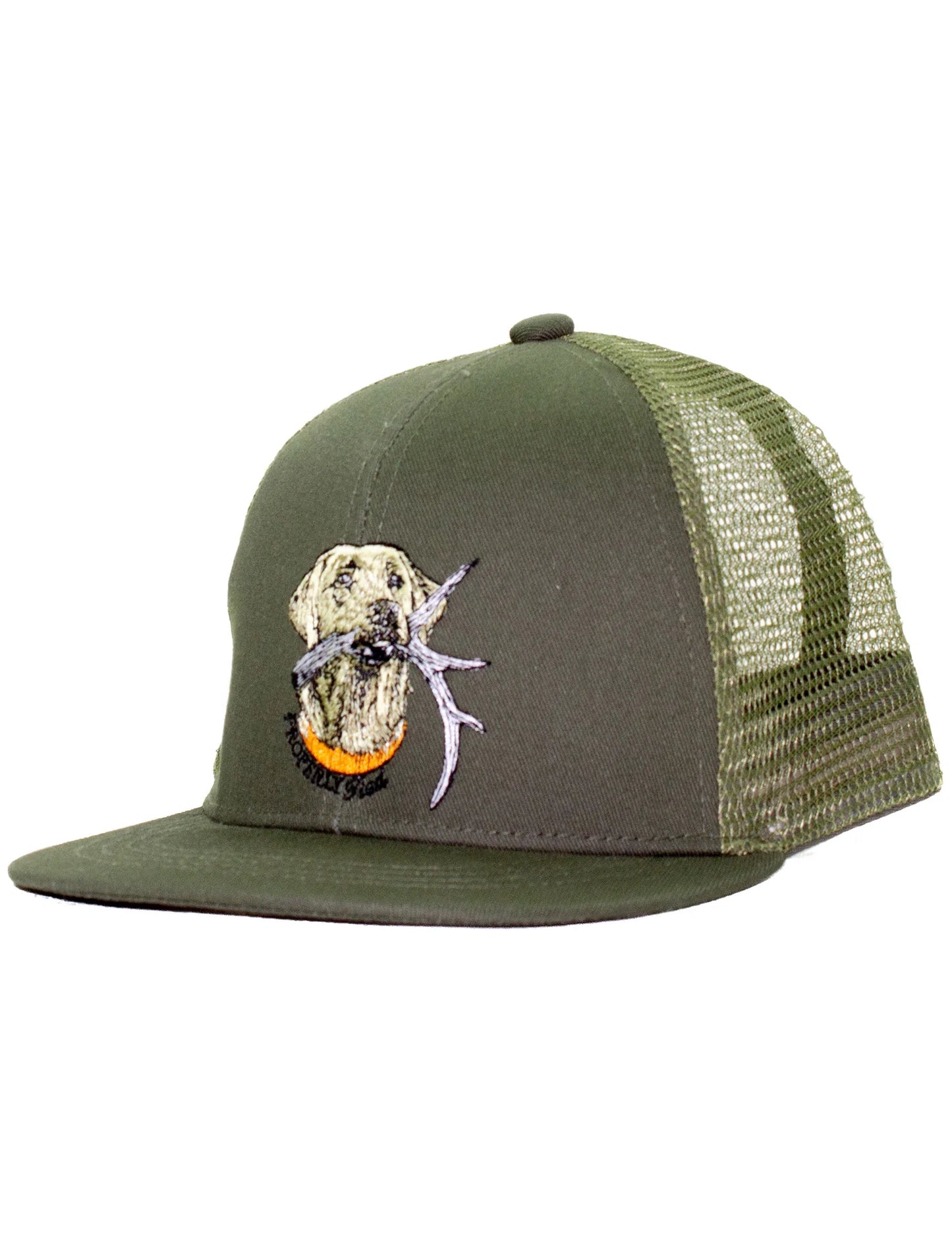 Dark green baseball cap with mesh back and an embroidered labrador retriever with a deer antler in its mouth on the front.