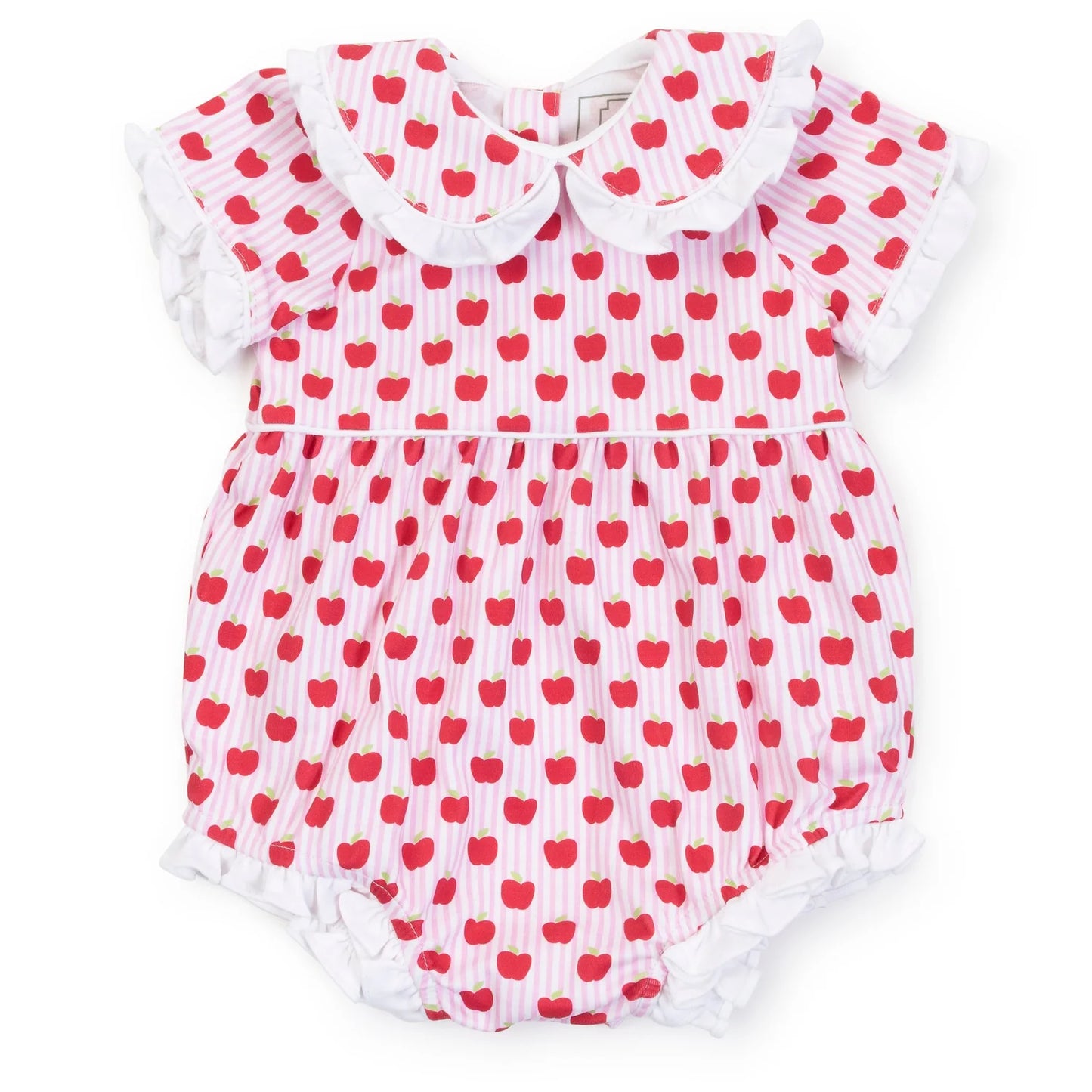 Bubble with apple pattern all over and ruffles around legs and collar