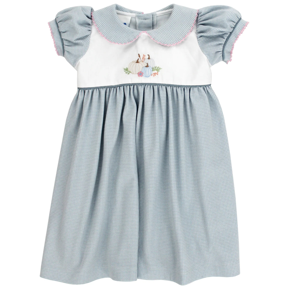 A baby girl's smocked dress featuring a light blue and white gingham pattern, a white yoke with a Peter Rabbit embroidery, and pink trim on the ruffled sleeves.