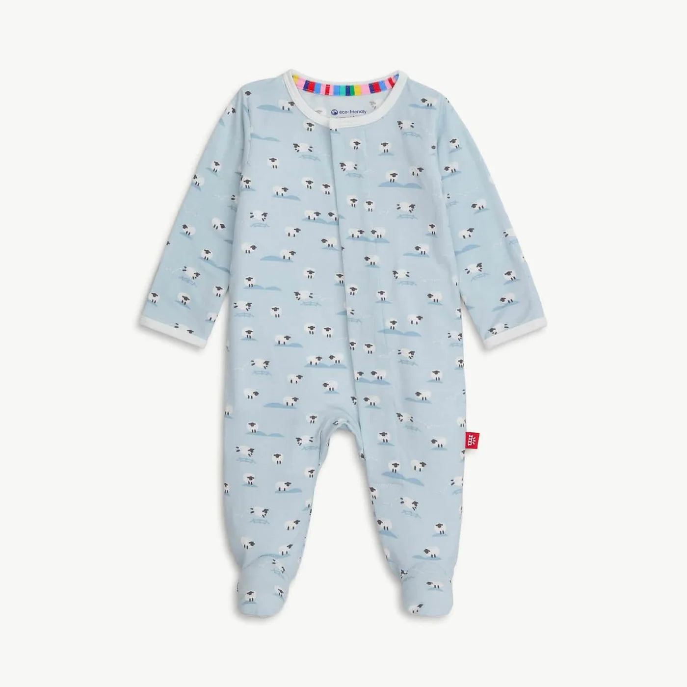 Light blue footed sleeper with sheep pattern.