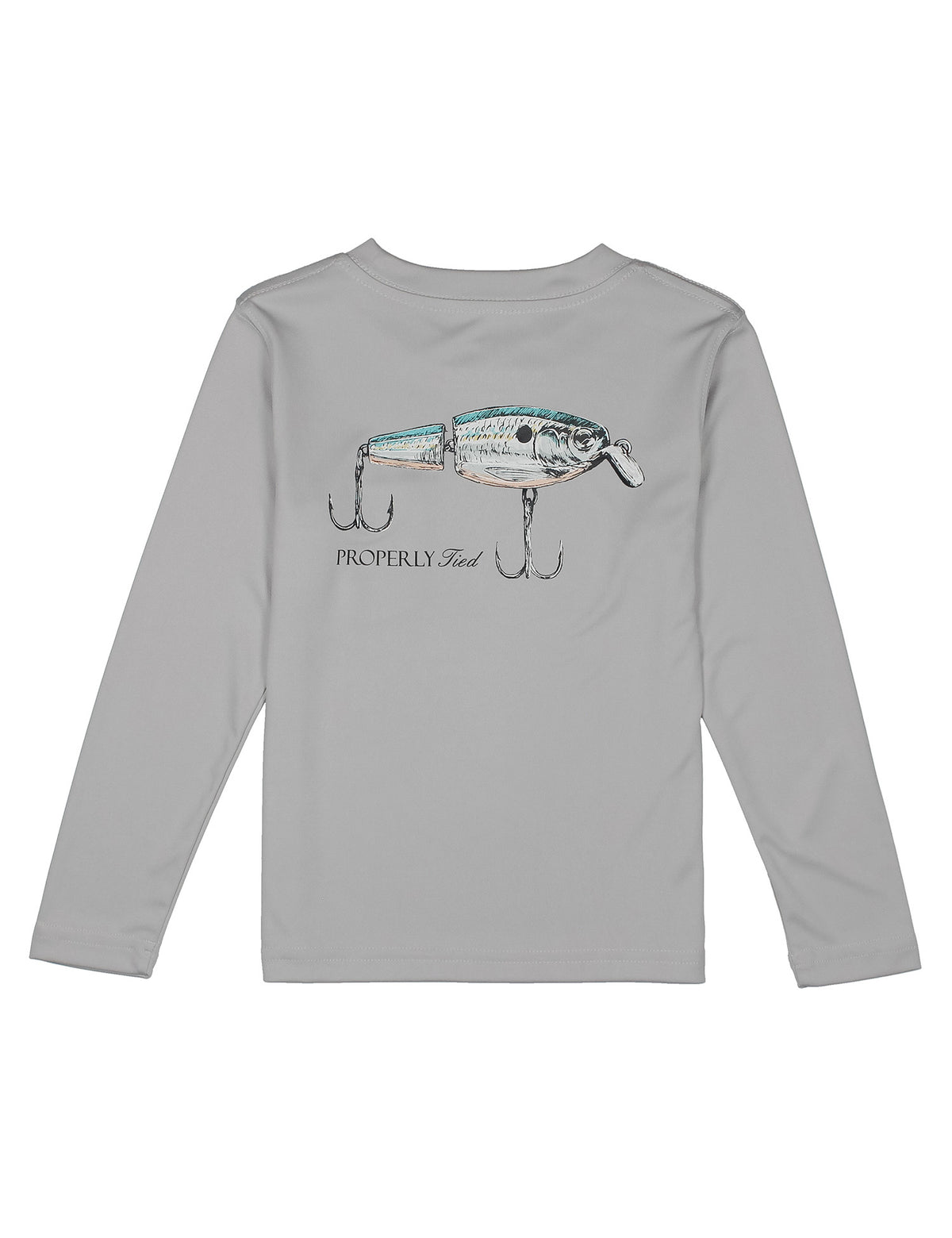 Gray long-sleeve shirt with fishing lure graphic in performance material