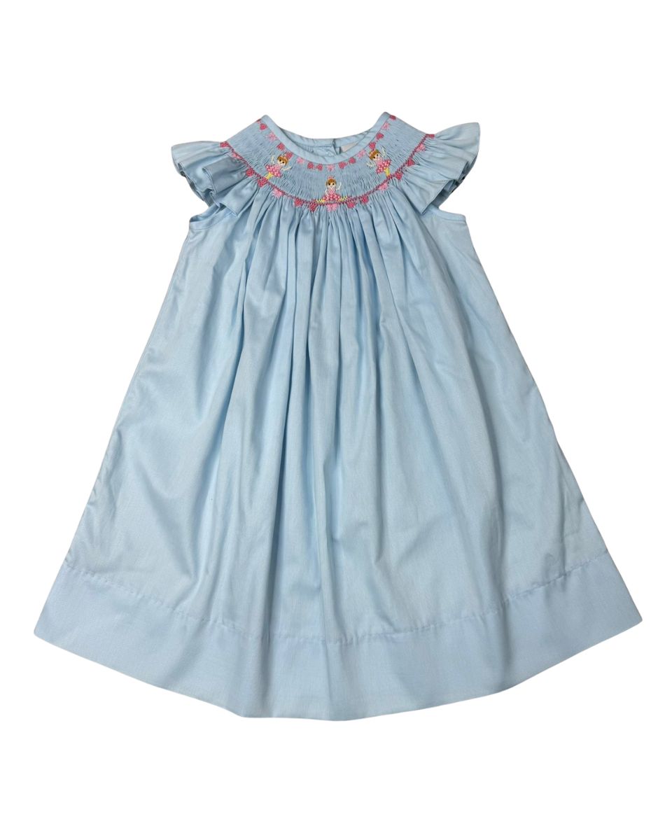 Blue smocked dress with ruffle sleeves and ballerina embroidery on smocking.