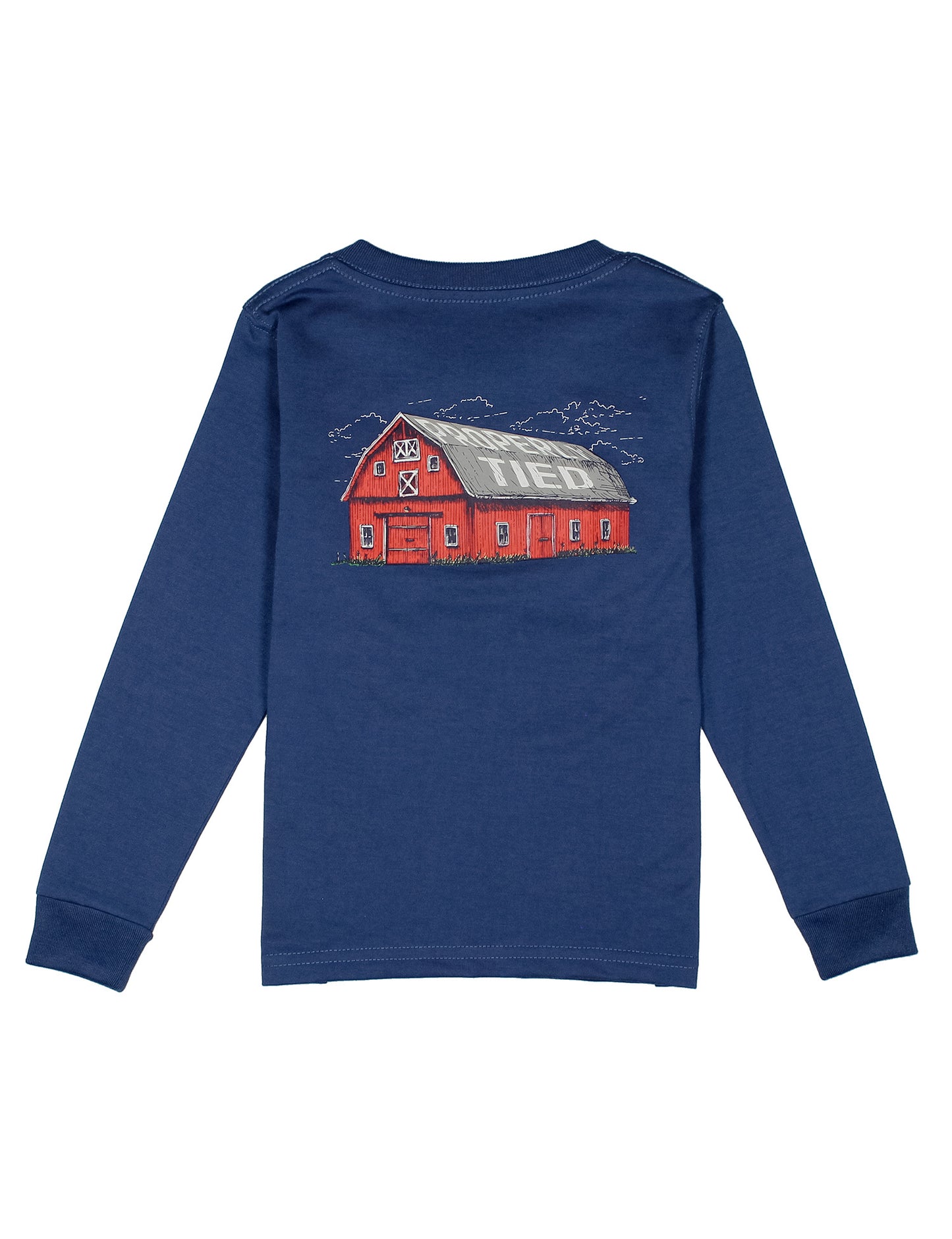Blue long-sleeve shirt with a red barn graphic saying properly tied on the back against a white background