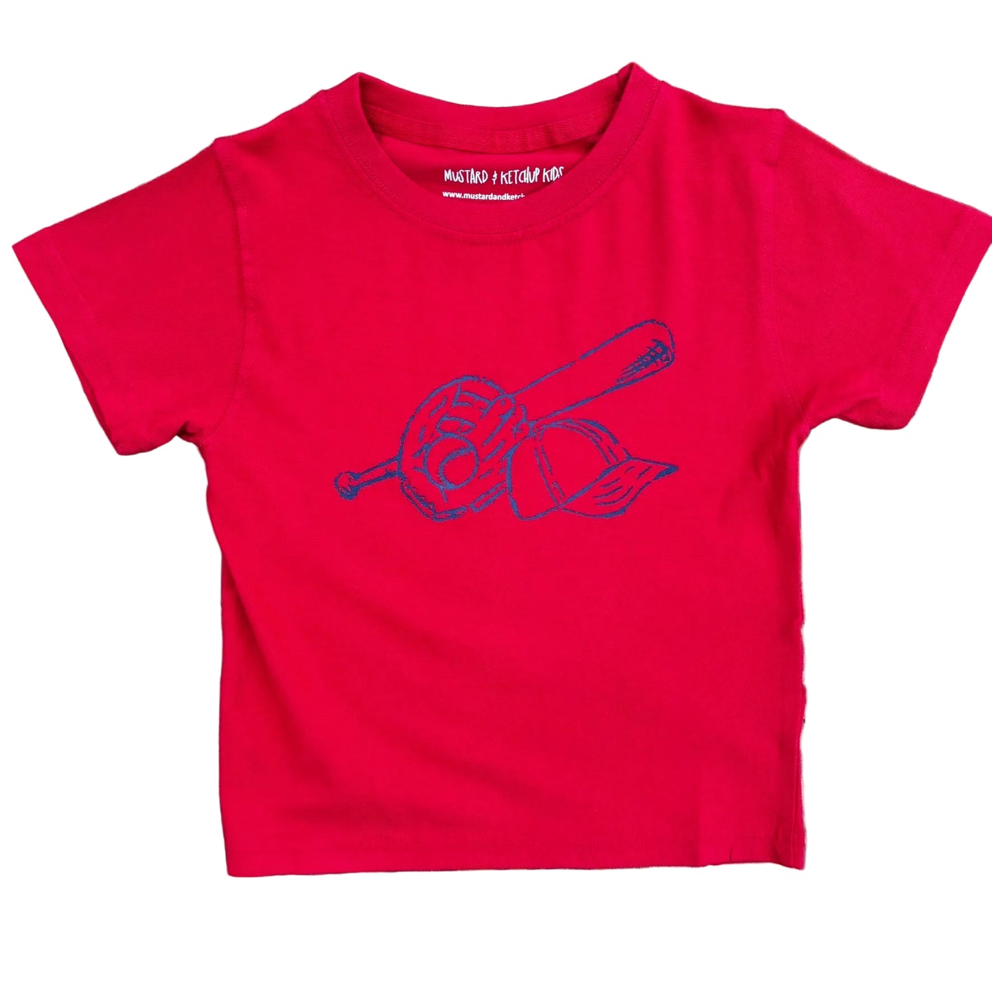 Red short sleeve tshirt with a navy baseball design.